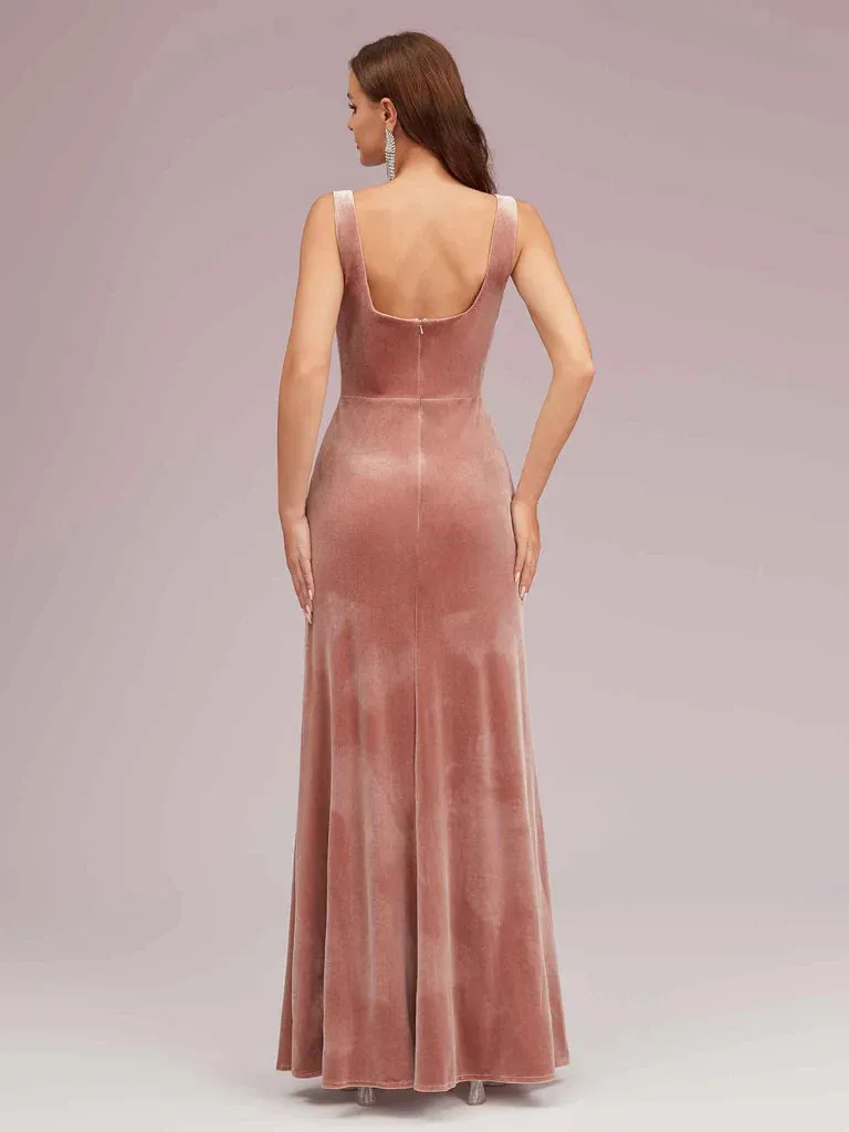 Mermaid Bridesmaid Dresses Velvet Square Neck Sleeveless With Slit