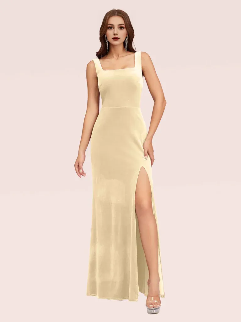 Mermaid Bridesmaid Dresses Velvet Square Neck Sleeveless With Slit