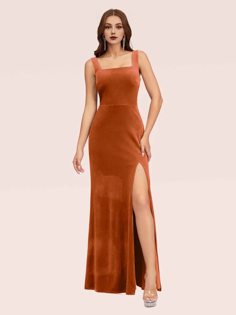 Mermaid Bridesmaid Dresses Velvet Square Neck Sleeveless With Slit