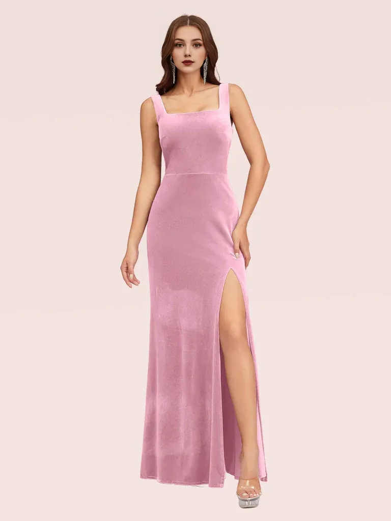 Mermaid Bridesmaid Dresses Velvet Square Neck Sleeveless With Slit