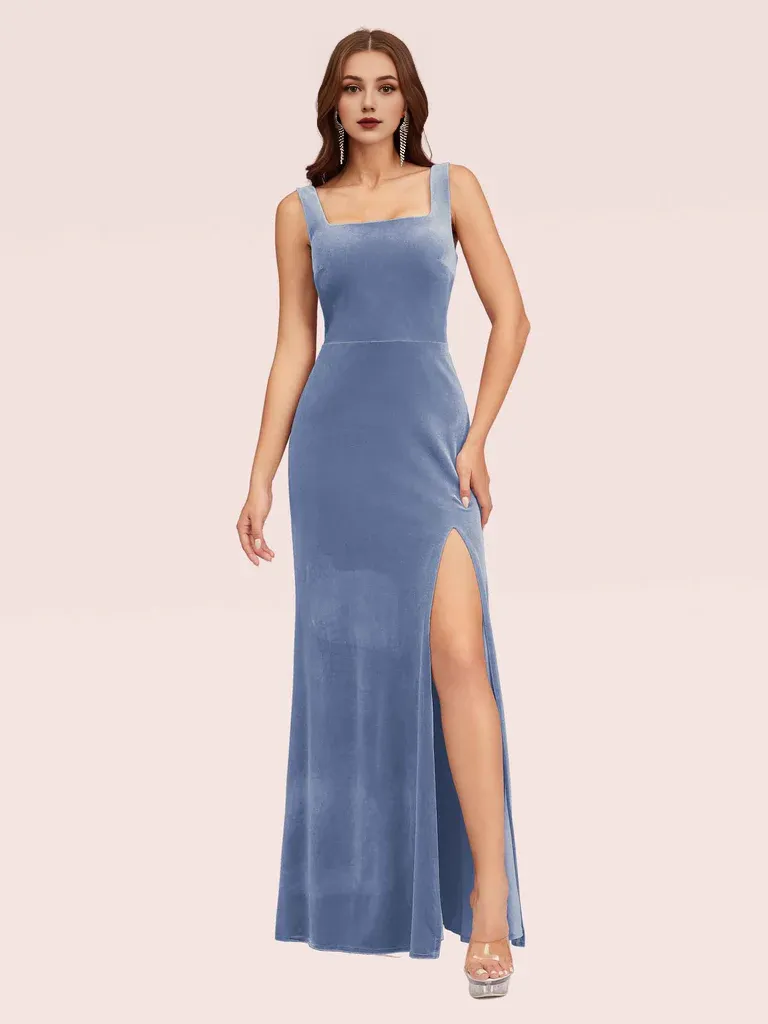 Mermaid Bridesmaid Dresses Velvet Square Neck Sleeveless With Slit