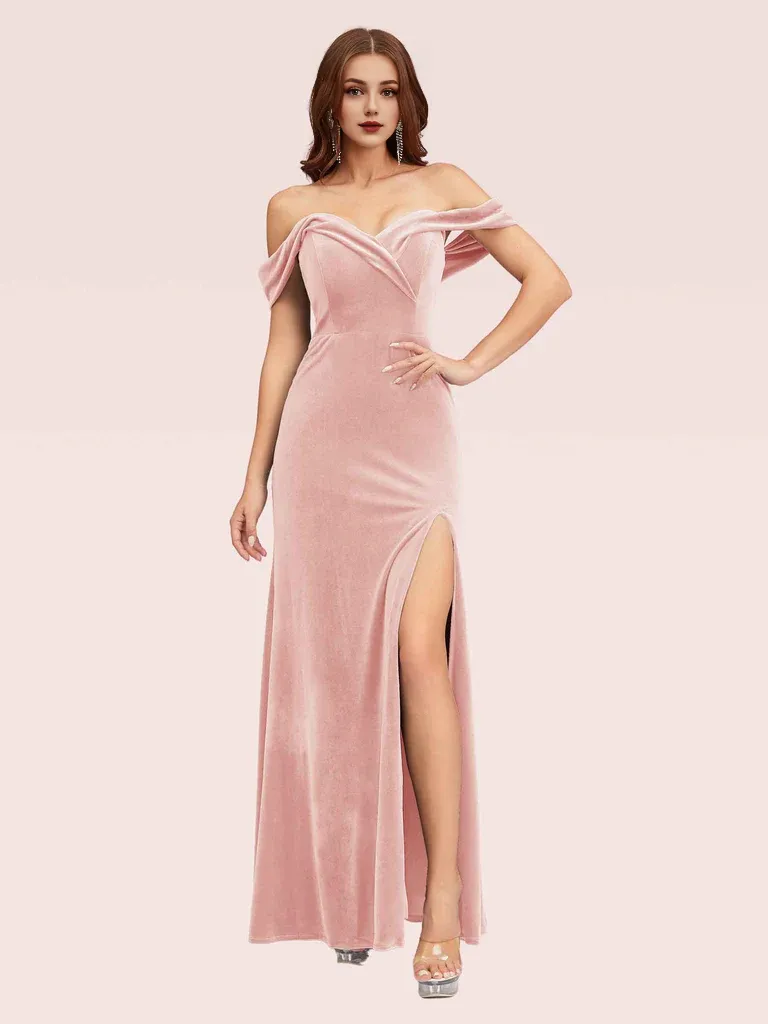 Mermaid Velvet Bridesmaid Dresses Side Slit Off Shoulder Online