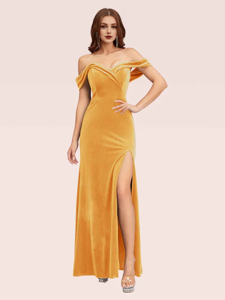 Mermaid Velvet Bridesmaid Dresses Side Slit Off Shoulder Online