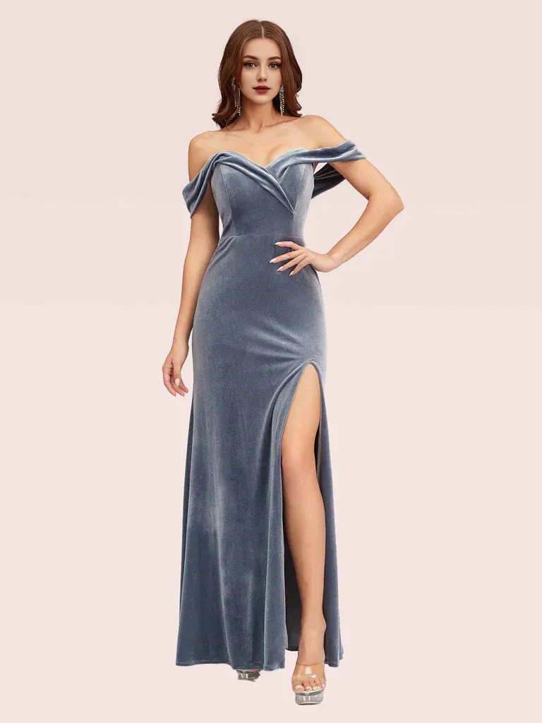 Mermaid Velvet Bridesmaid Dresses Side Slit Off Shoulder Online