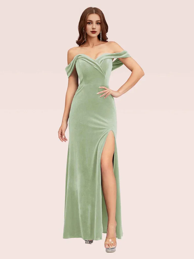 Mermaid Velvet Bridesmaid Dresses Side Slit Off Shoulder Online