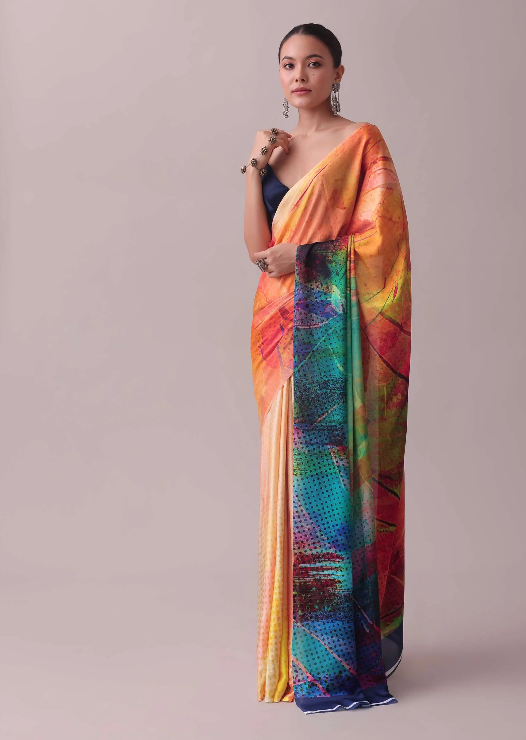 Multicolor Saree Fabricated In Satin With Abstract Print