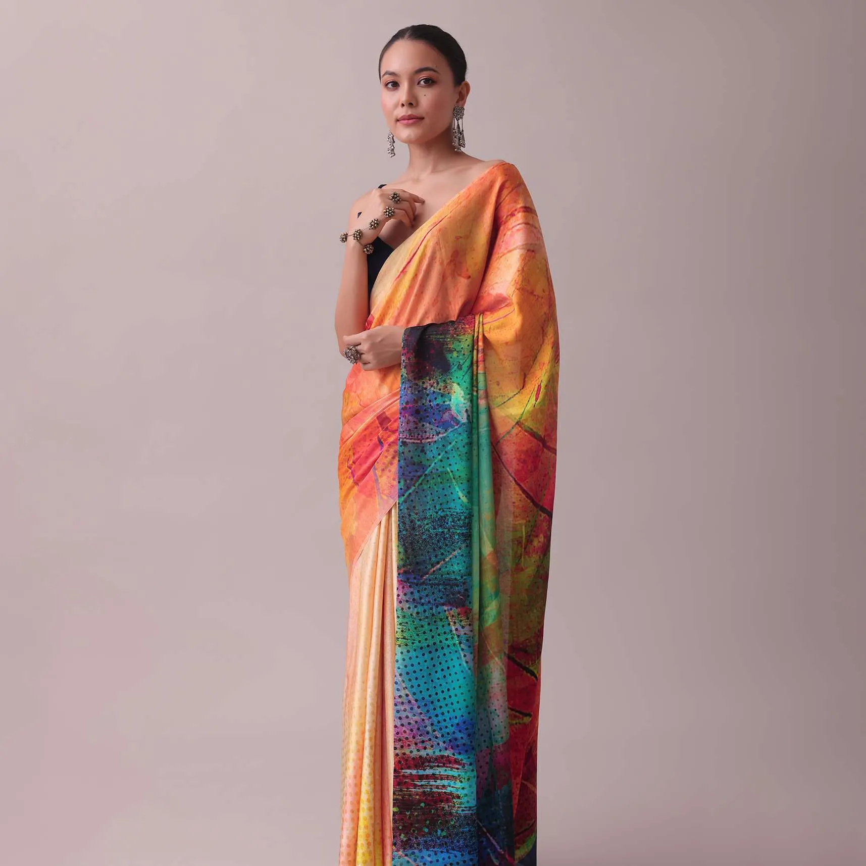Multicolor Saree Fabricated In Satin With Abstract Print