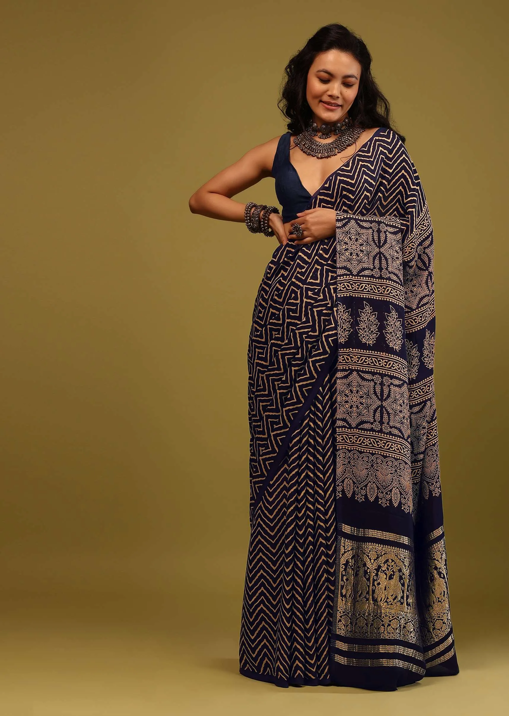 Navy Blue Saree In Satin With Ajrakh Handblock Geometric Print