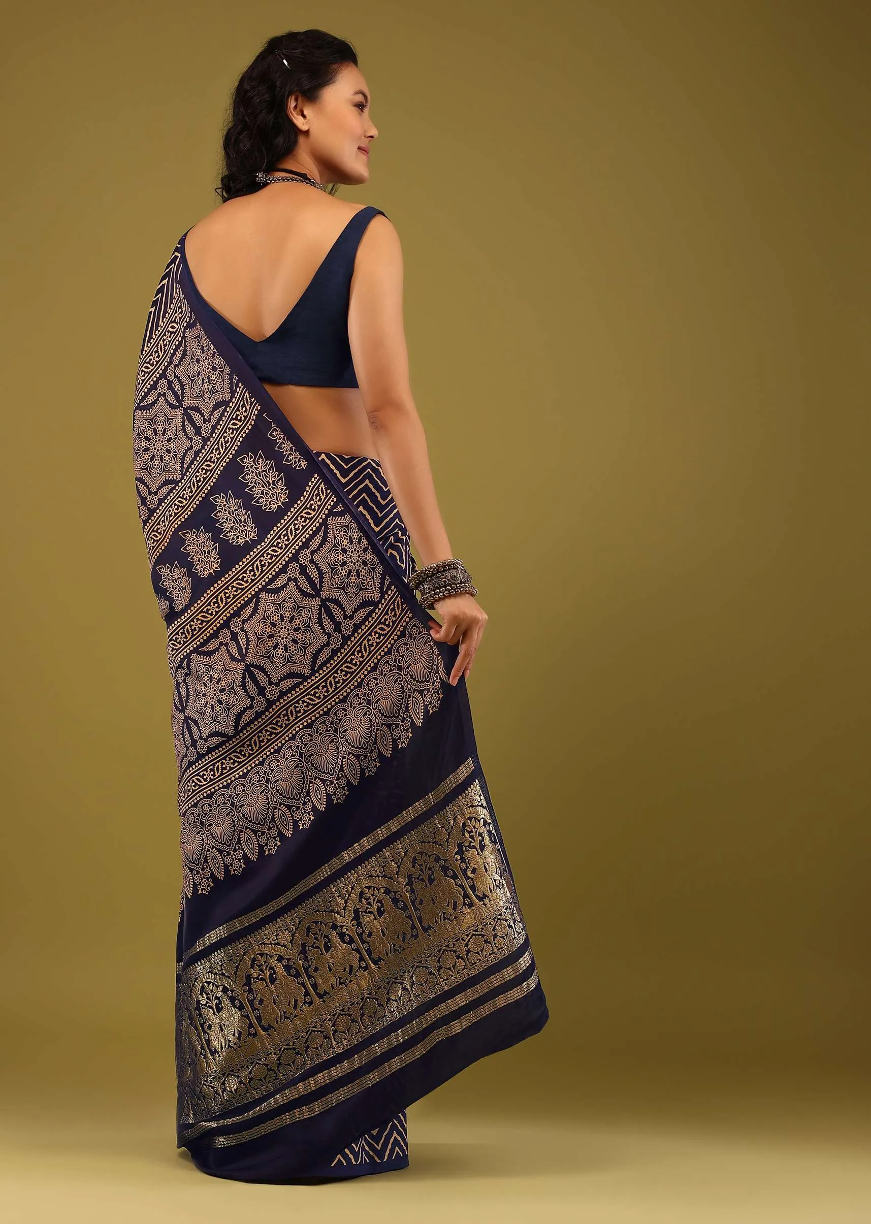 Navy Blue Saree In Satin With Ajrakh Handblock Geometric Print