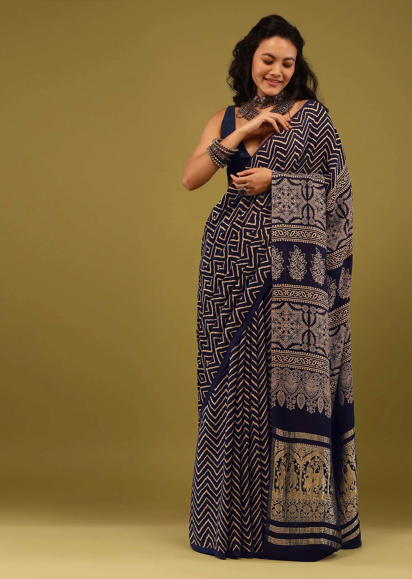 Navy Blue Saree In Satin With Ajrakh Handblock Geometric Print