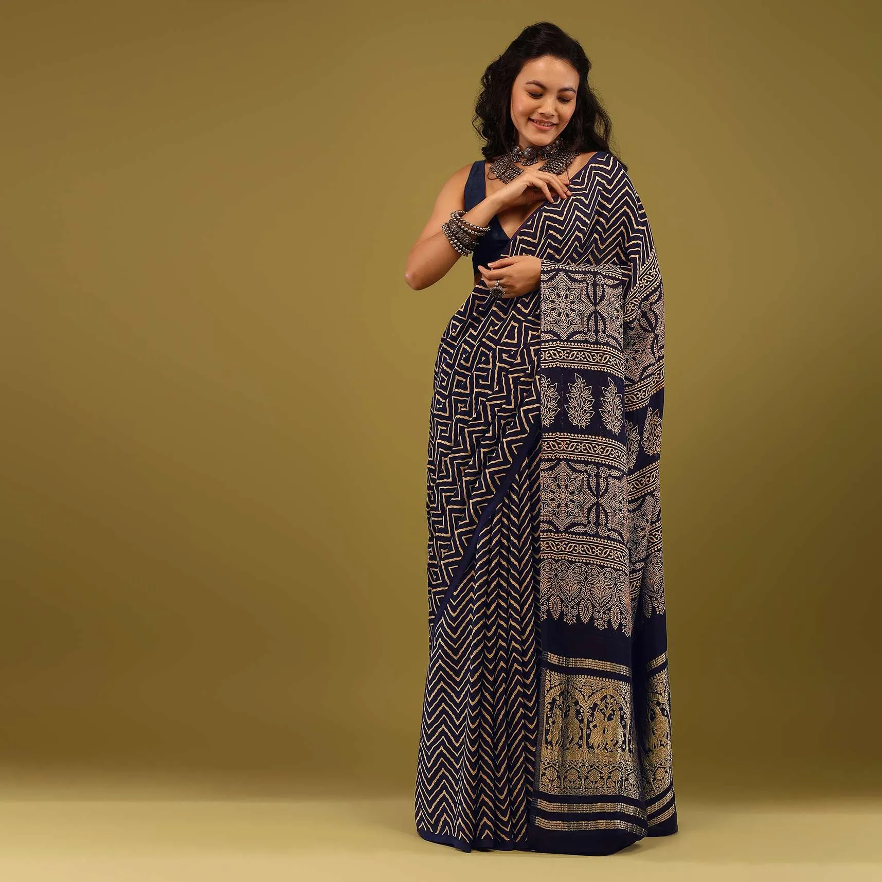 Navy Blue Saree In Satin With Ajrakh Handblock Geometric Print