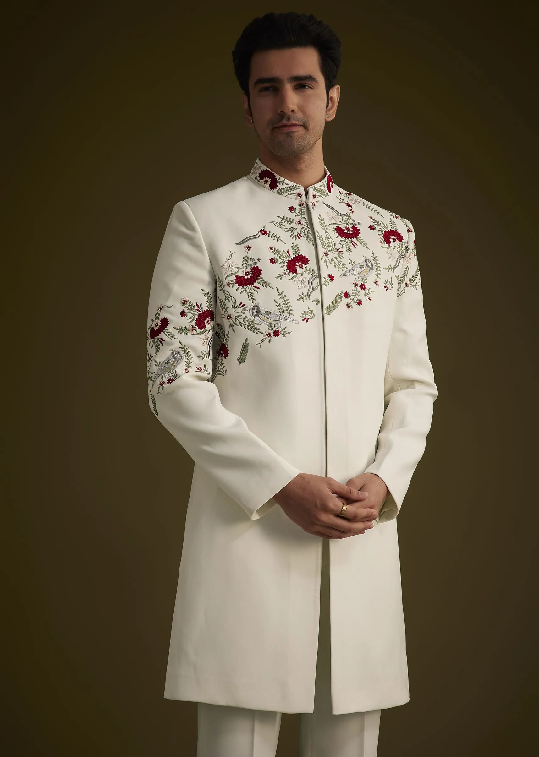Off White Indowestern With Hand Embroidered Bird And Floral Pattern
