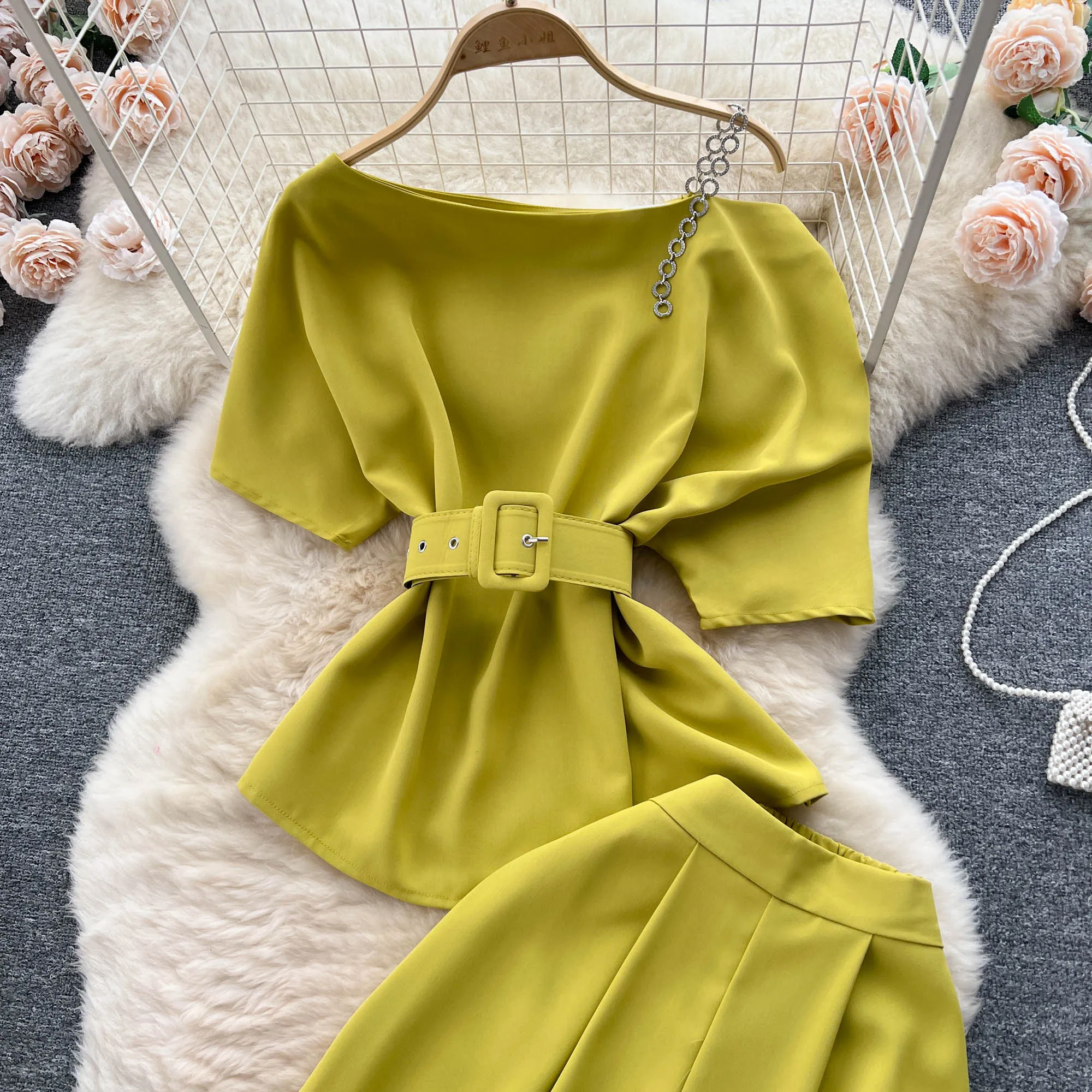 One-shoulder Top&Wide-legged Trousers 2Pcs