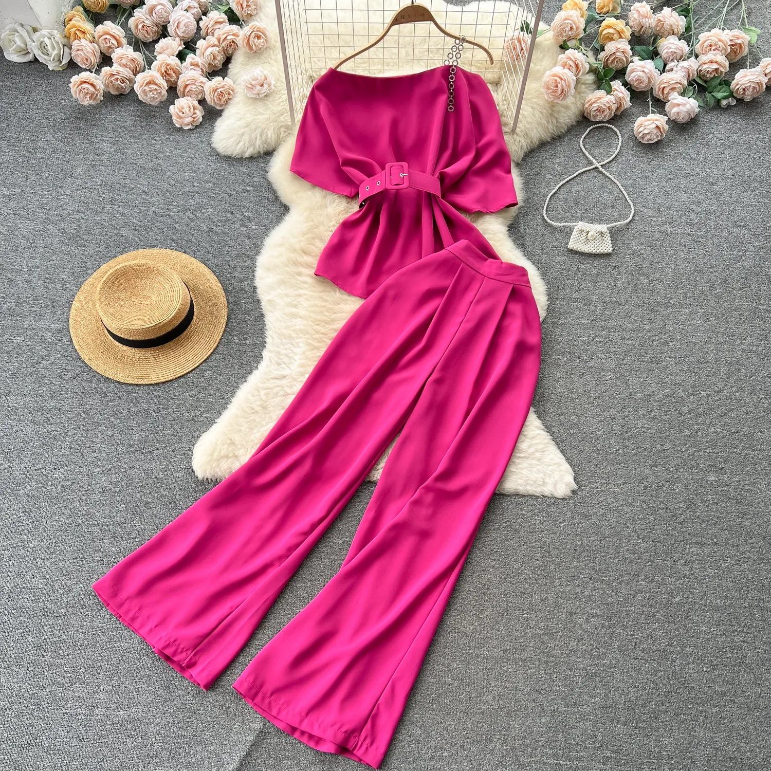 One-shoulder Top&Wide-legged Trousers 2Pcs