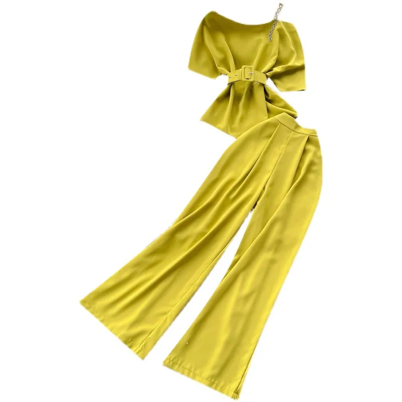 One-shoulder Top&Wide-legged Trousers 2Pcs