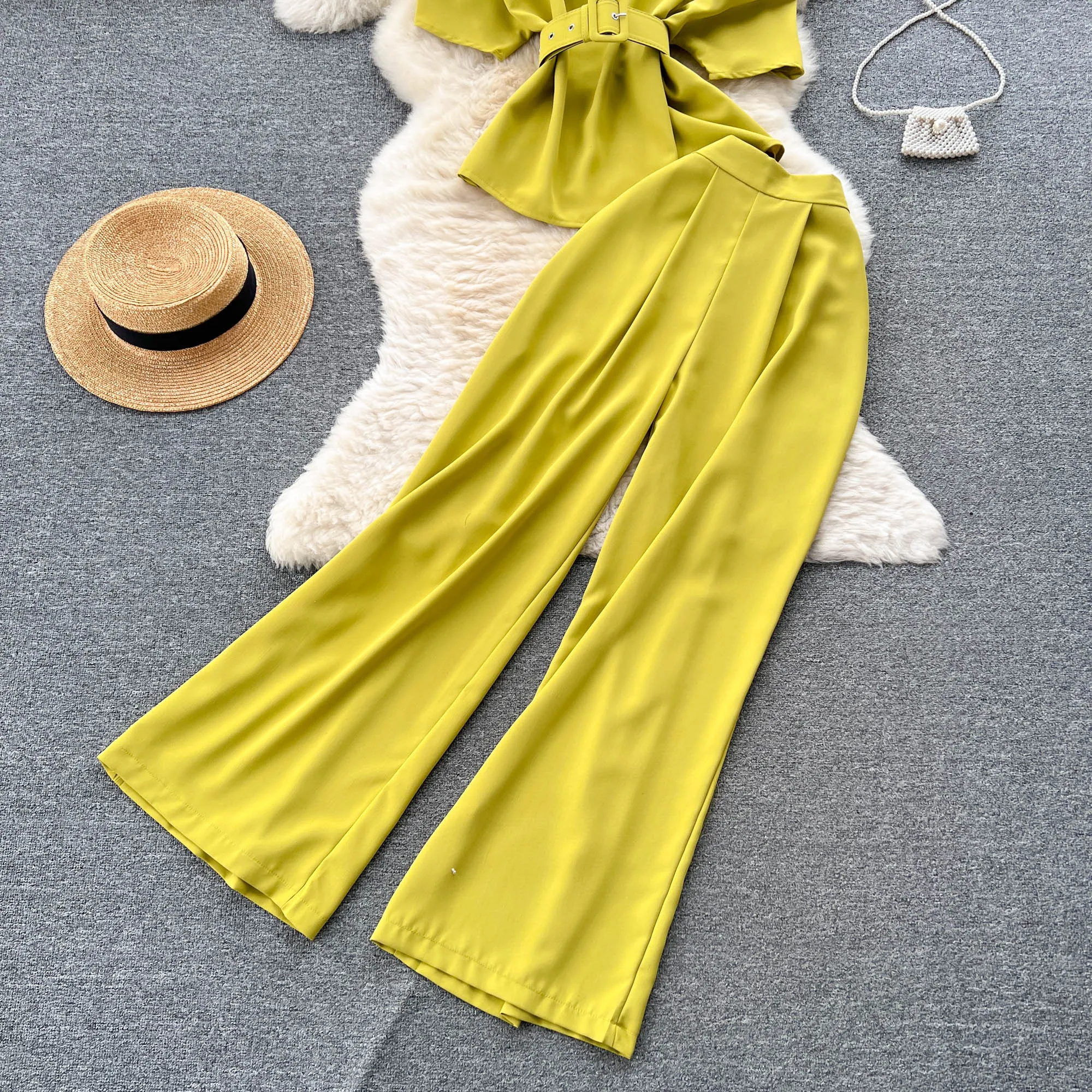 One-shoulder Top&Wide-legged Trousers 2Pcs