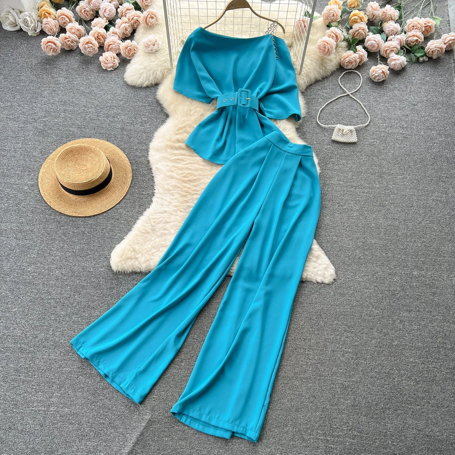 One-shoulder Top&Wide-legged Trousers 2Pcs