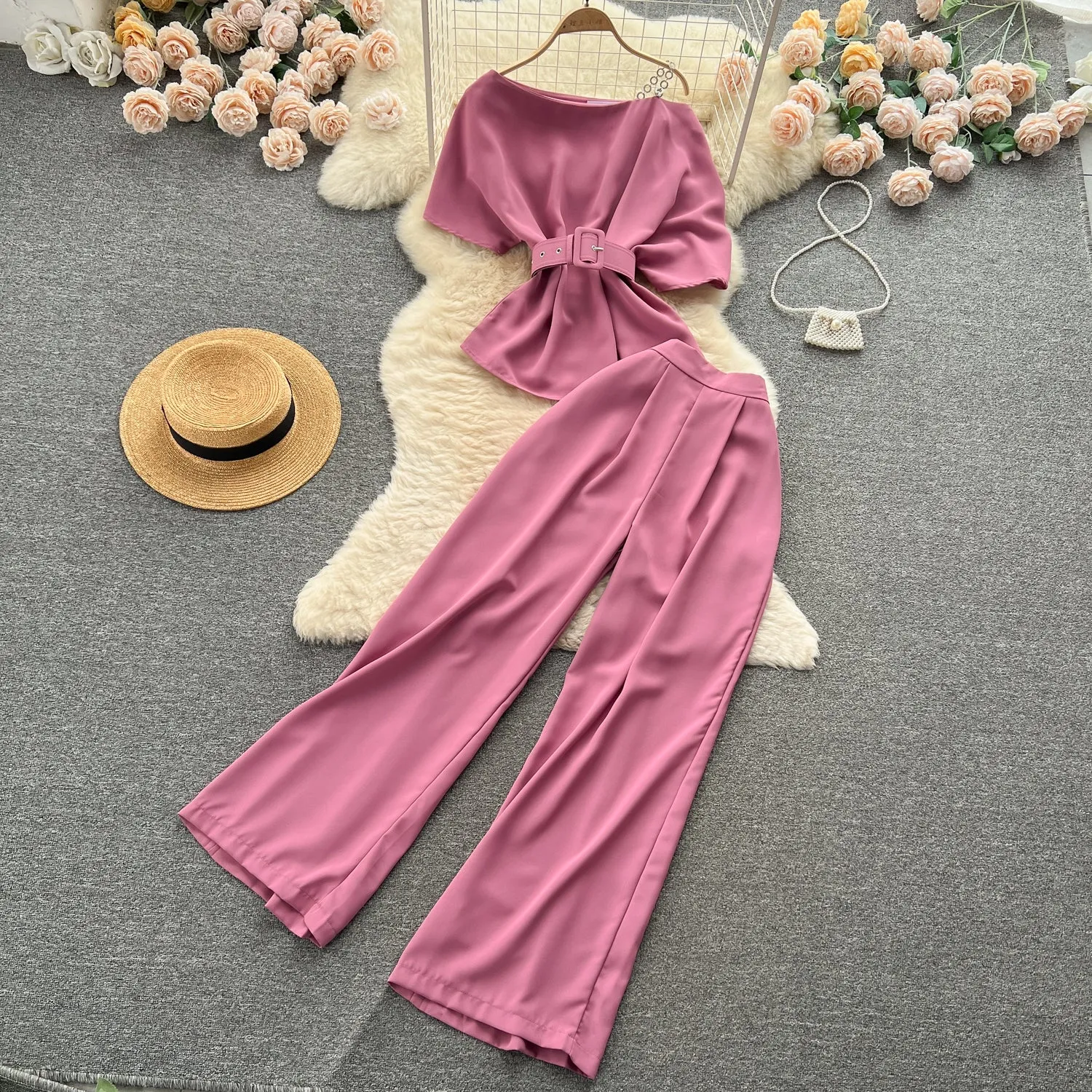 One-shoulder Top&Wide-legged Trousers 2Pcs