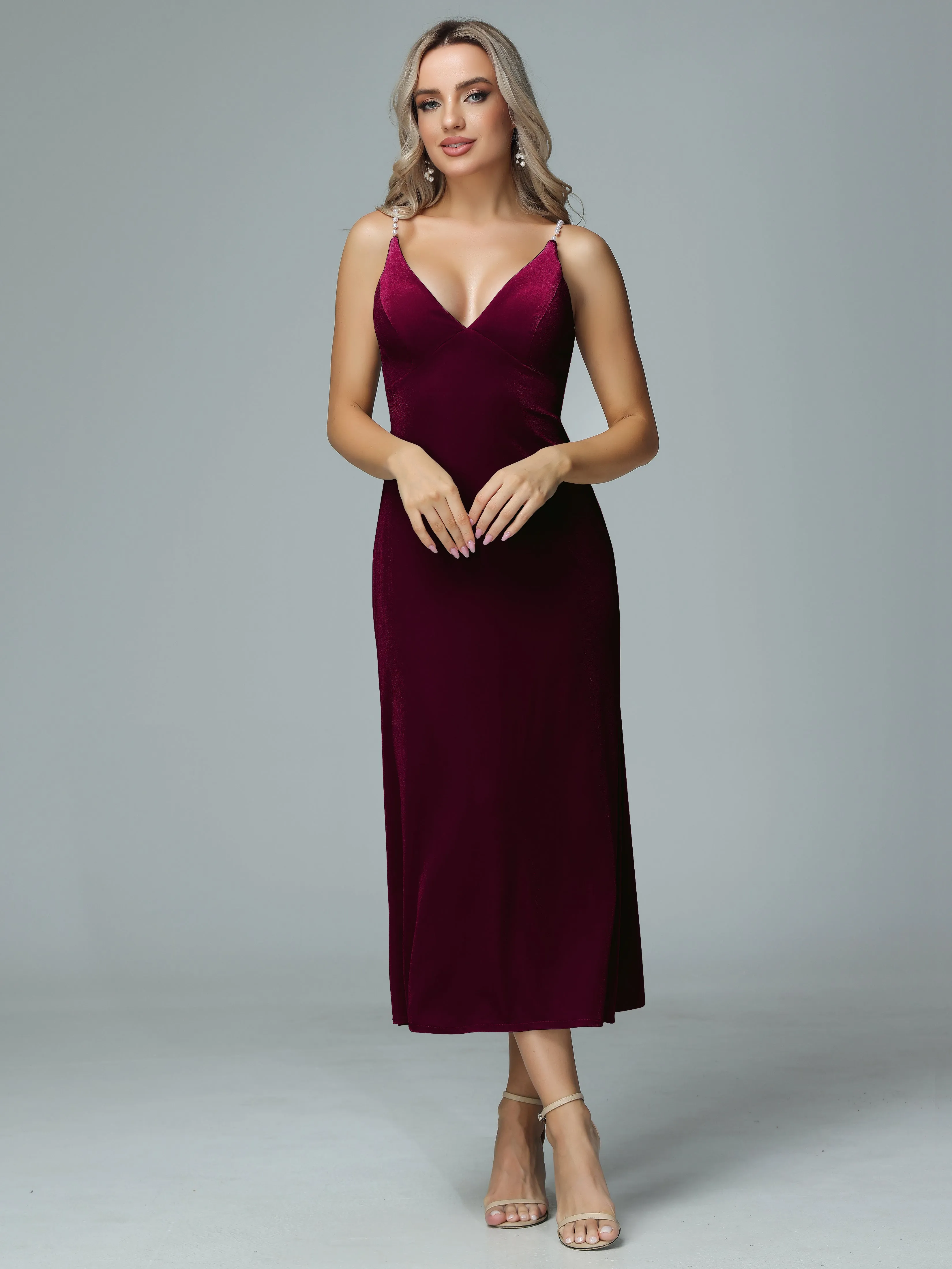 Pearl Straps V-neck Velvet Bridesmaid Dresses