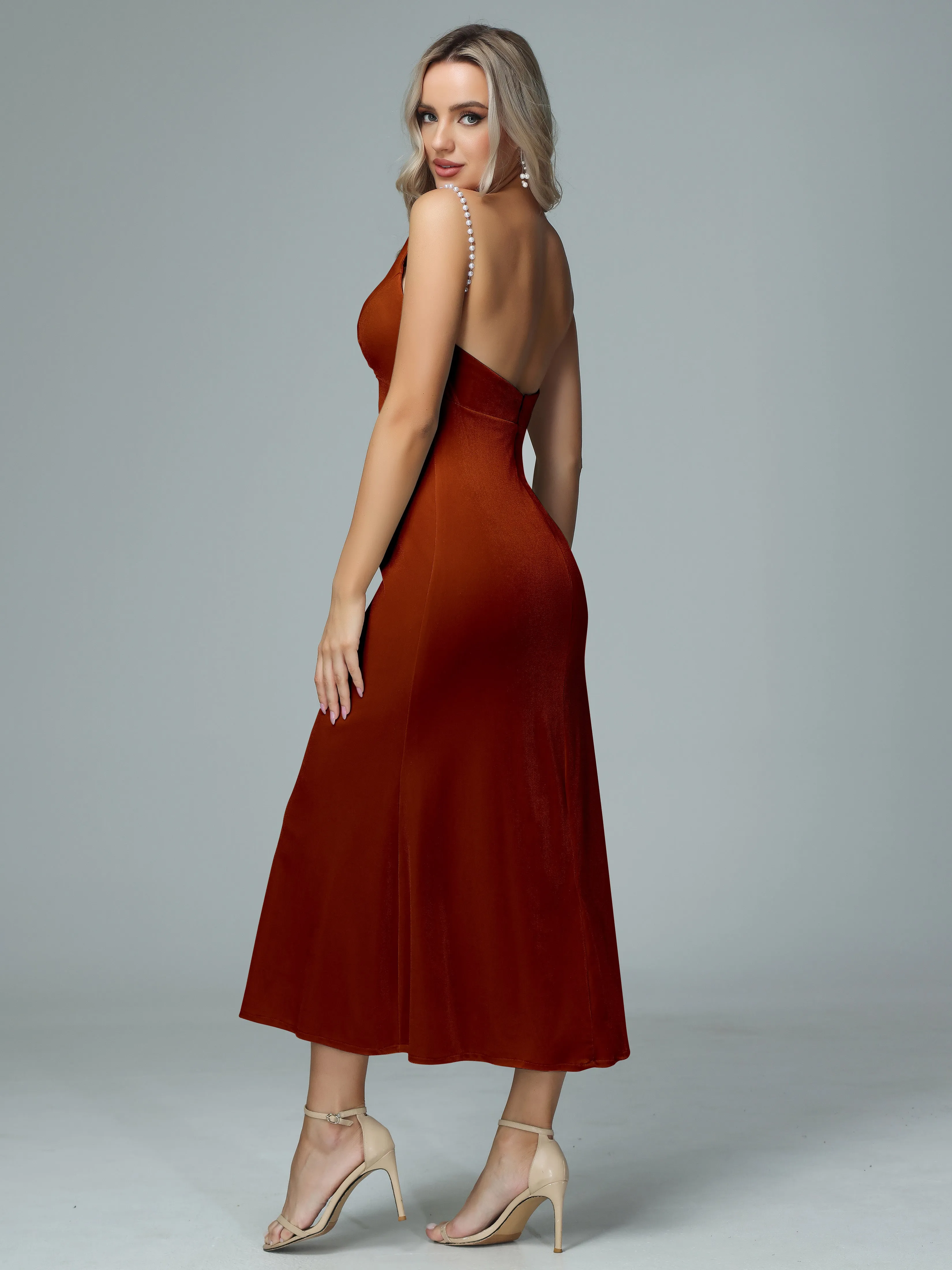 Pearl Straps V-neck Velvet Bridesmaid Dresses