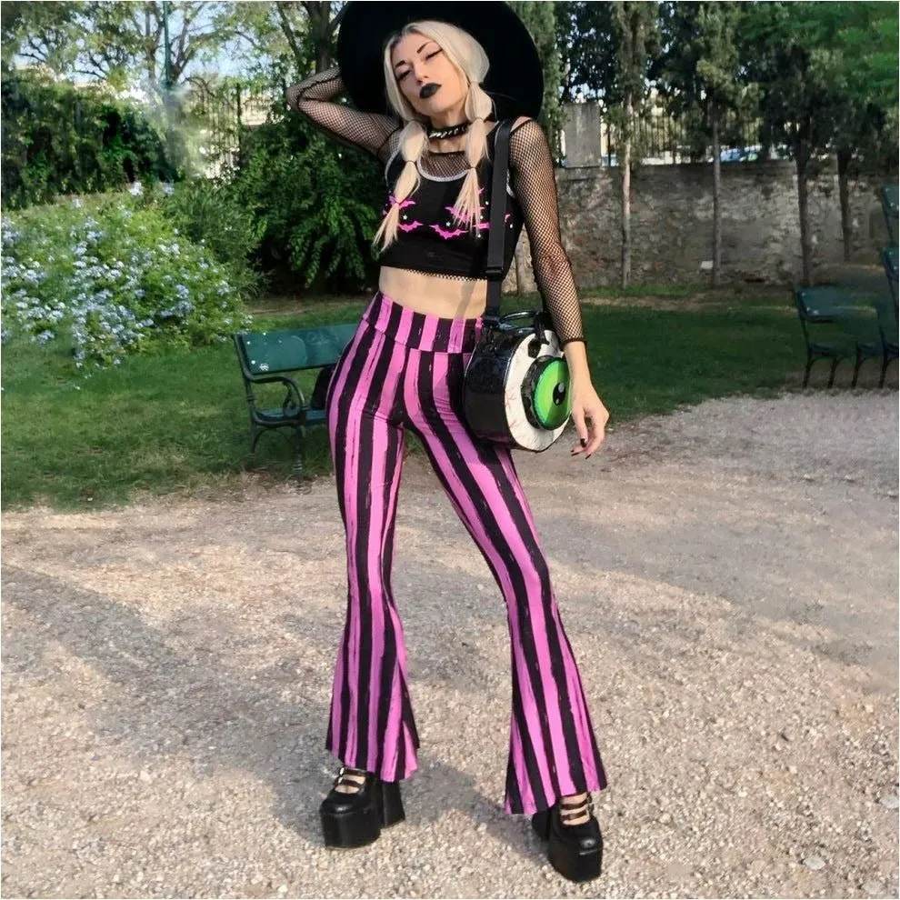 Pink & Black Striped High-Waisted Flared Pants XS