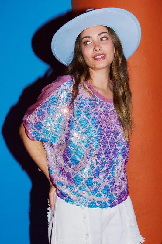 Pink Geometric Sequins Crop Top