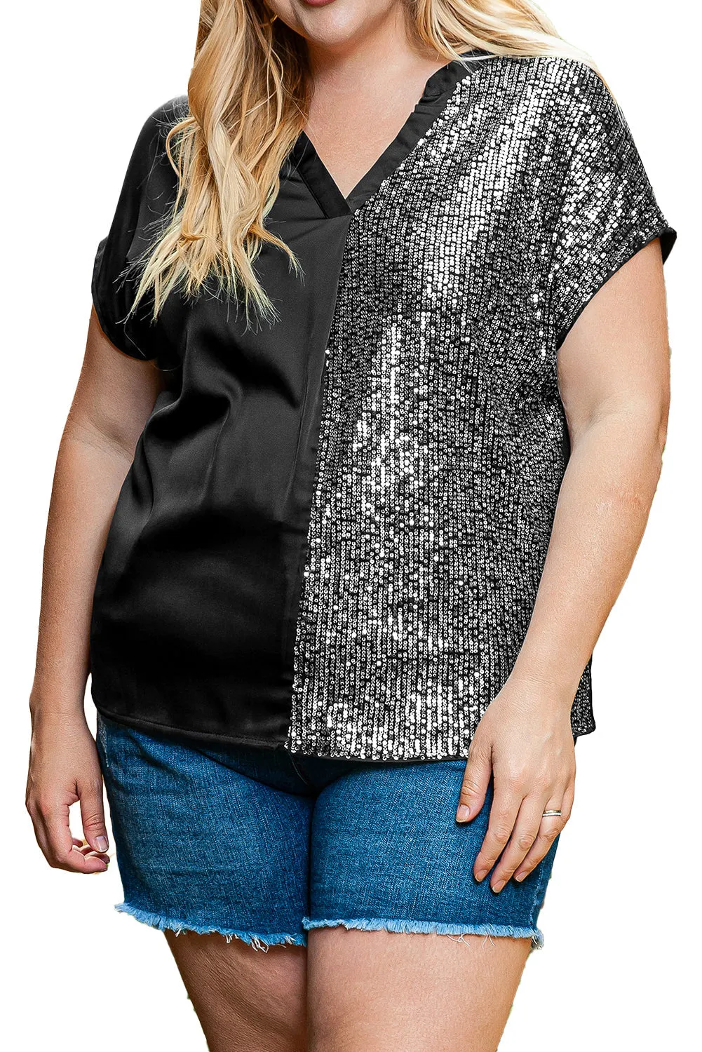 Plus Size Sequined V Neck Tee