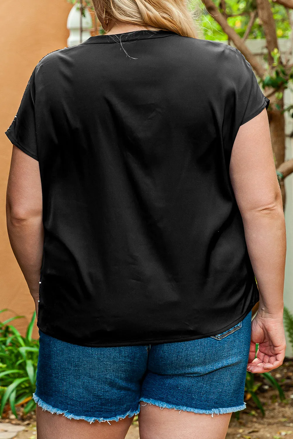 Plus Size Sequined V Neck Tee