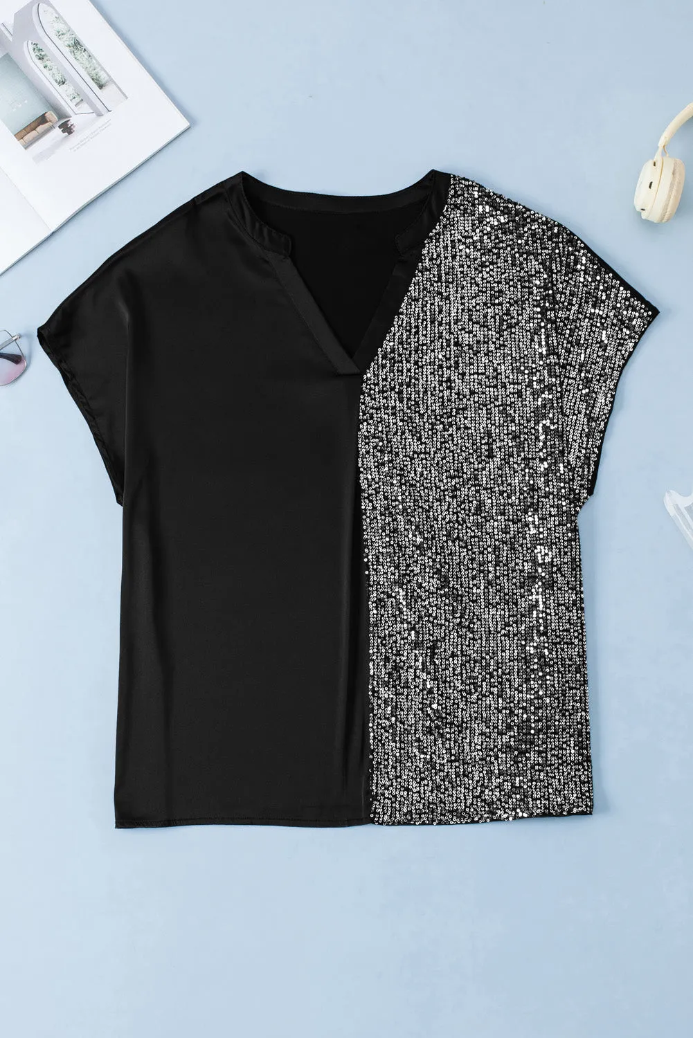 Plus Size Sequined V Neck Tee