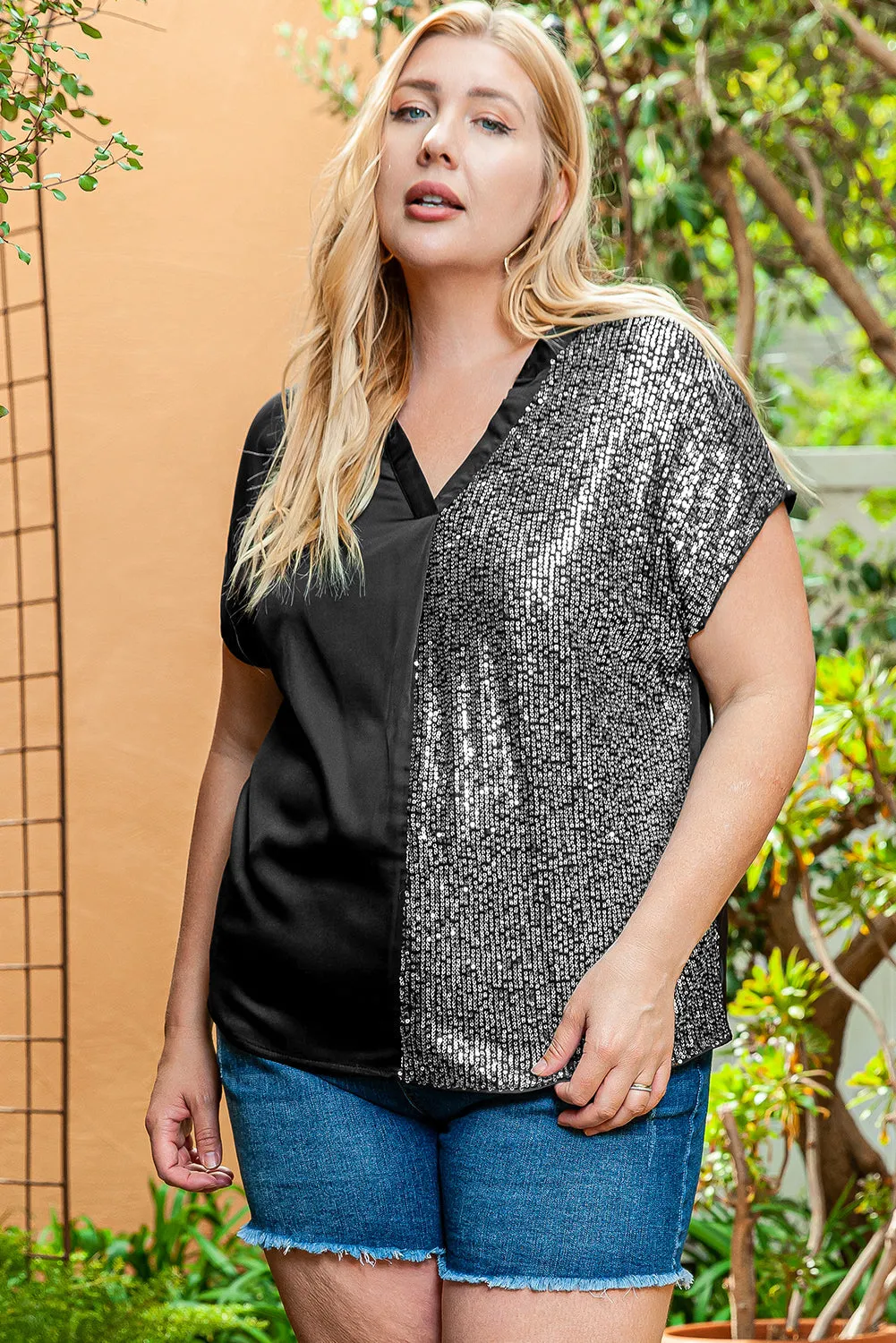 Plus Size Sequined V Neck Tee