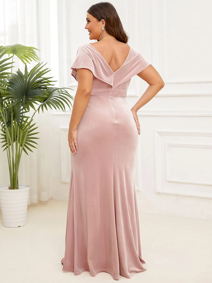 Plus Size Velvet Pleated V-Neck Cap Sleeve Column Floor-Length Evening Dress(Final Sale)