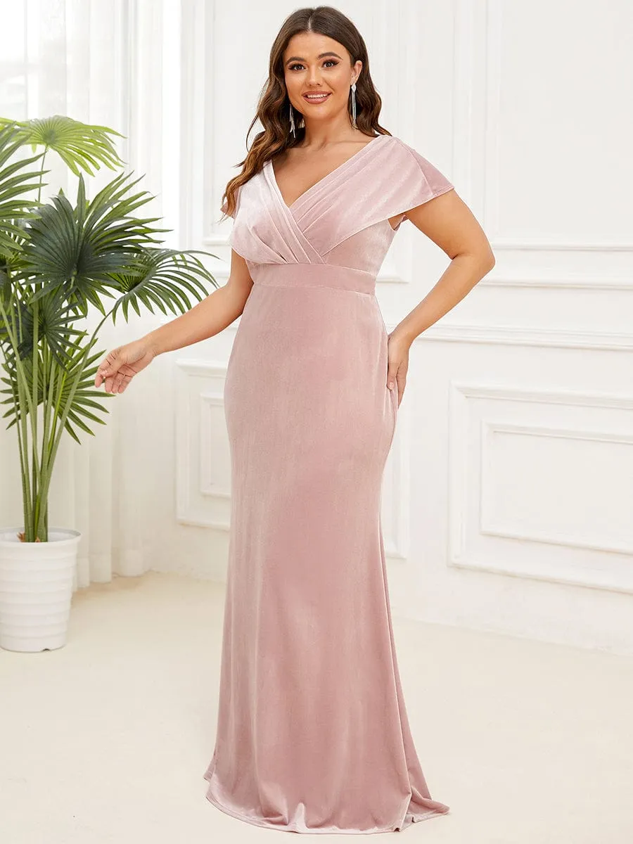 Plus Size Velvet Pleated V-Neck Cap Sleeve Column Floor-Length Evening Dress(Final Sale)