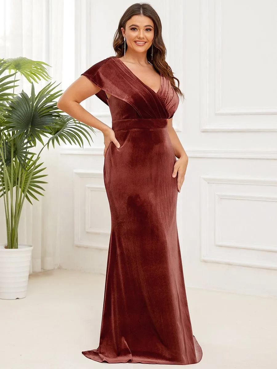 Plus Size Velvet Pleated V-Neck Cap Sleeve Column Floor-Length Evening Dress(Final Sale)