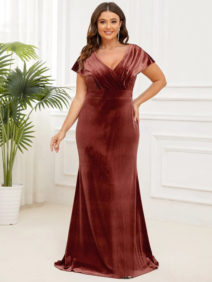 Plus Size Velvet Pleated V-Neck Cap Sleeve Column Floor-Length Evening Dress(Final Sale)