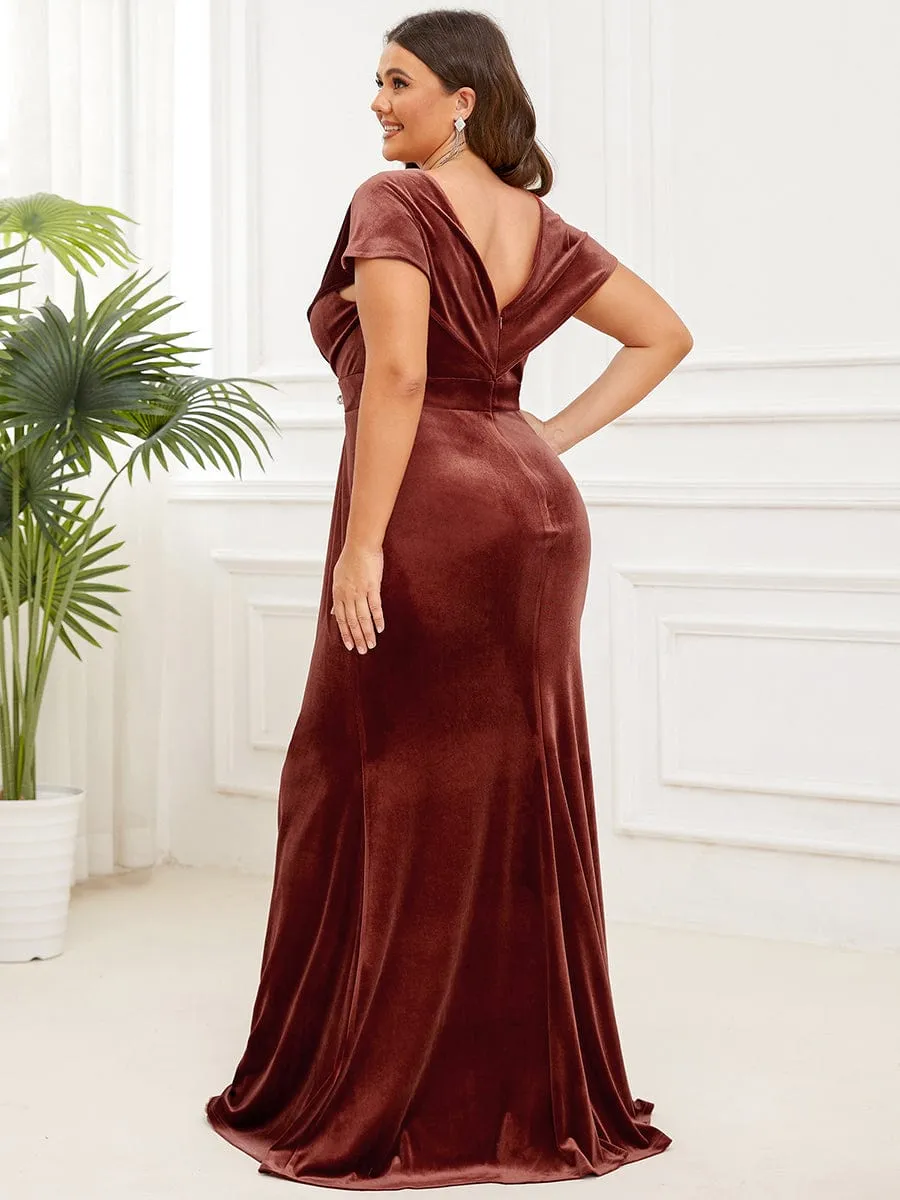 Plus Size Velvet Pleated V-Neck Cap Sleeve Column Floor-Length Evening Dress(Final Sale)