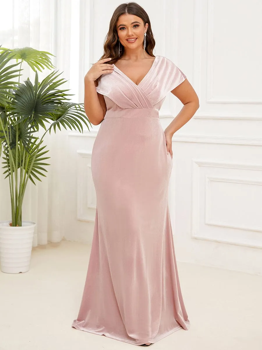 Plus Size Velvet Pleated V-Neck Cap Sleeve Column Floor-Length Evening Dress(Final Sale)