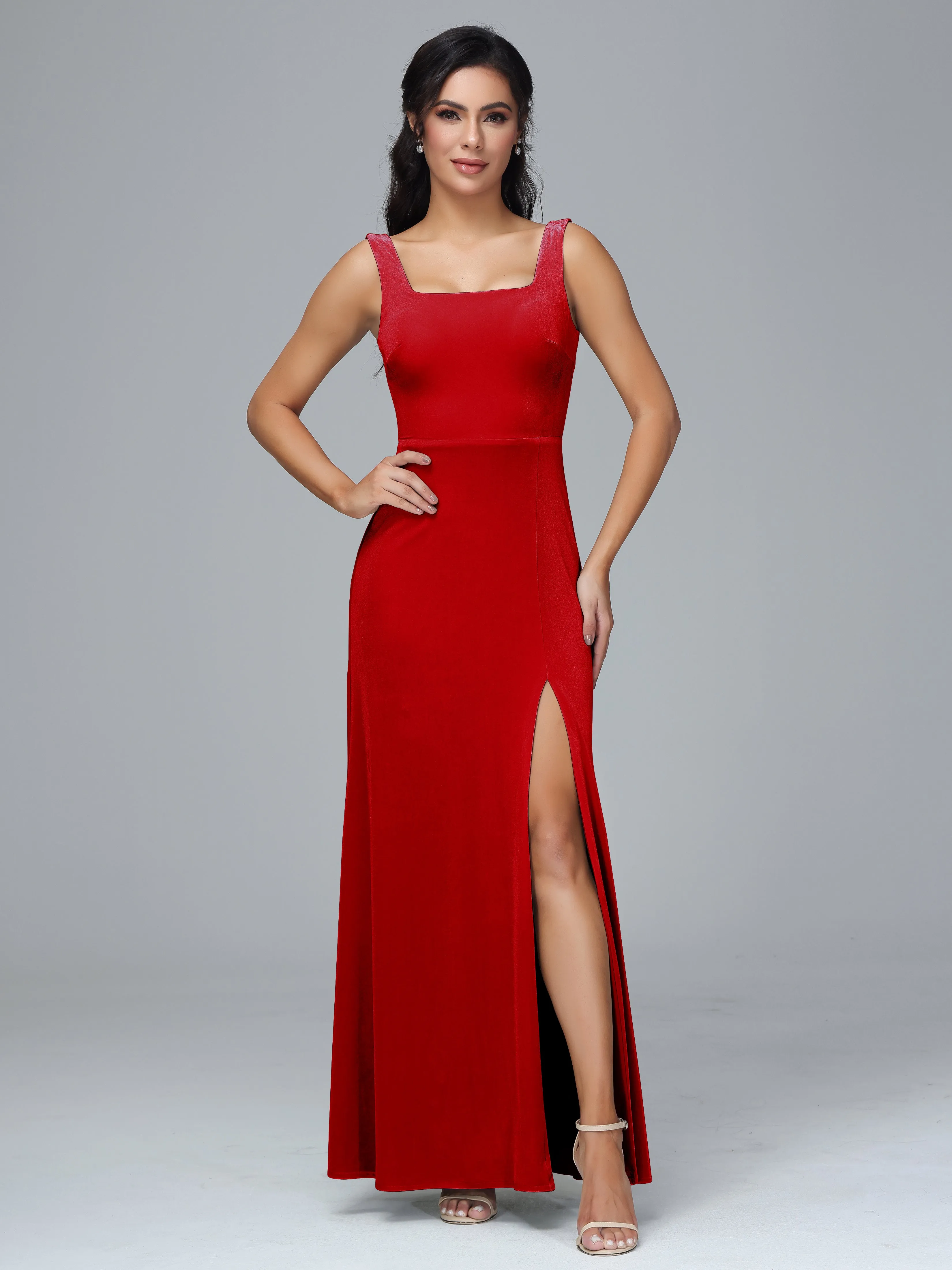 Scoop Straps Long Velvet Bridesmaid Dresses With Split