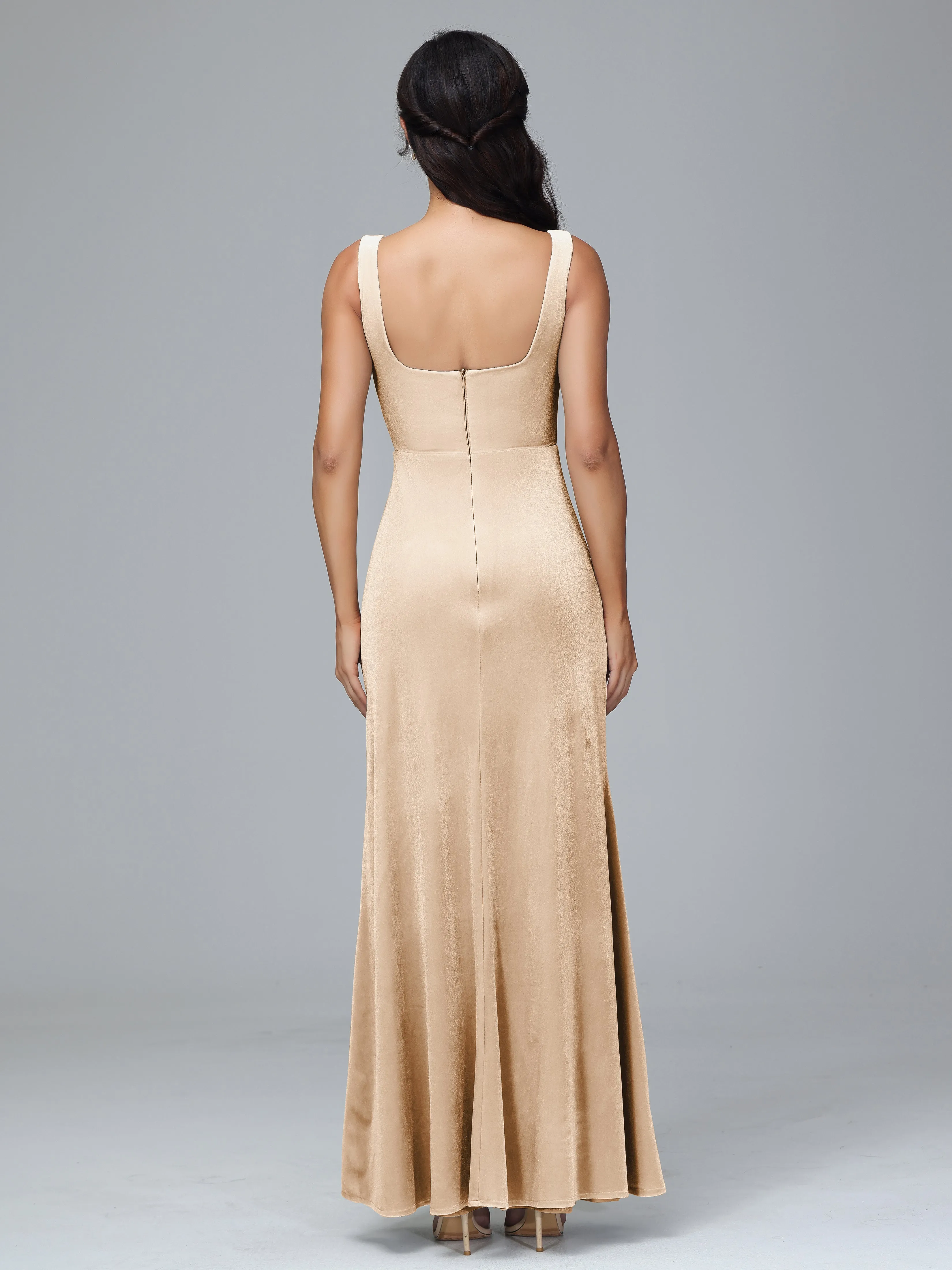 Scoop Straps Long Velvet Bridesmaid Dresses With Split