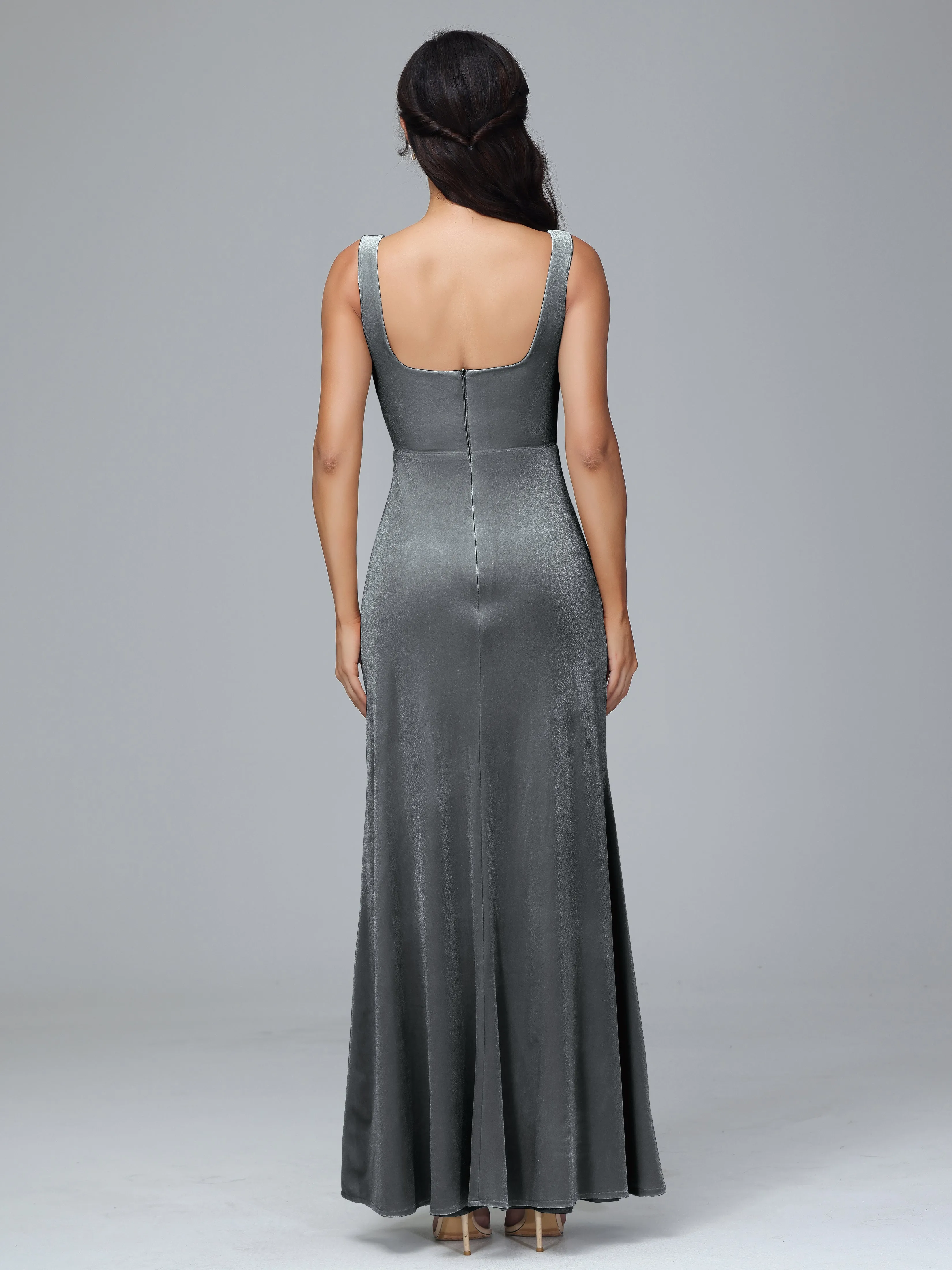 Scoop Straps Long Velvet Bridesmaid Dresses With Split