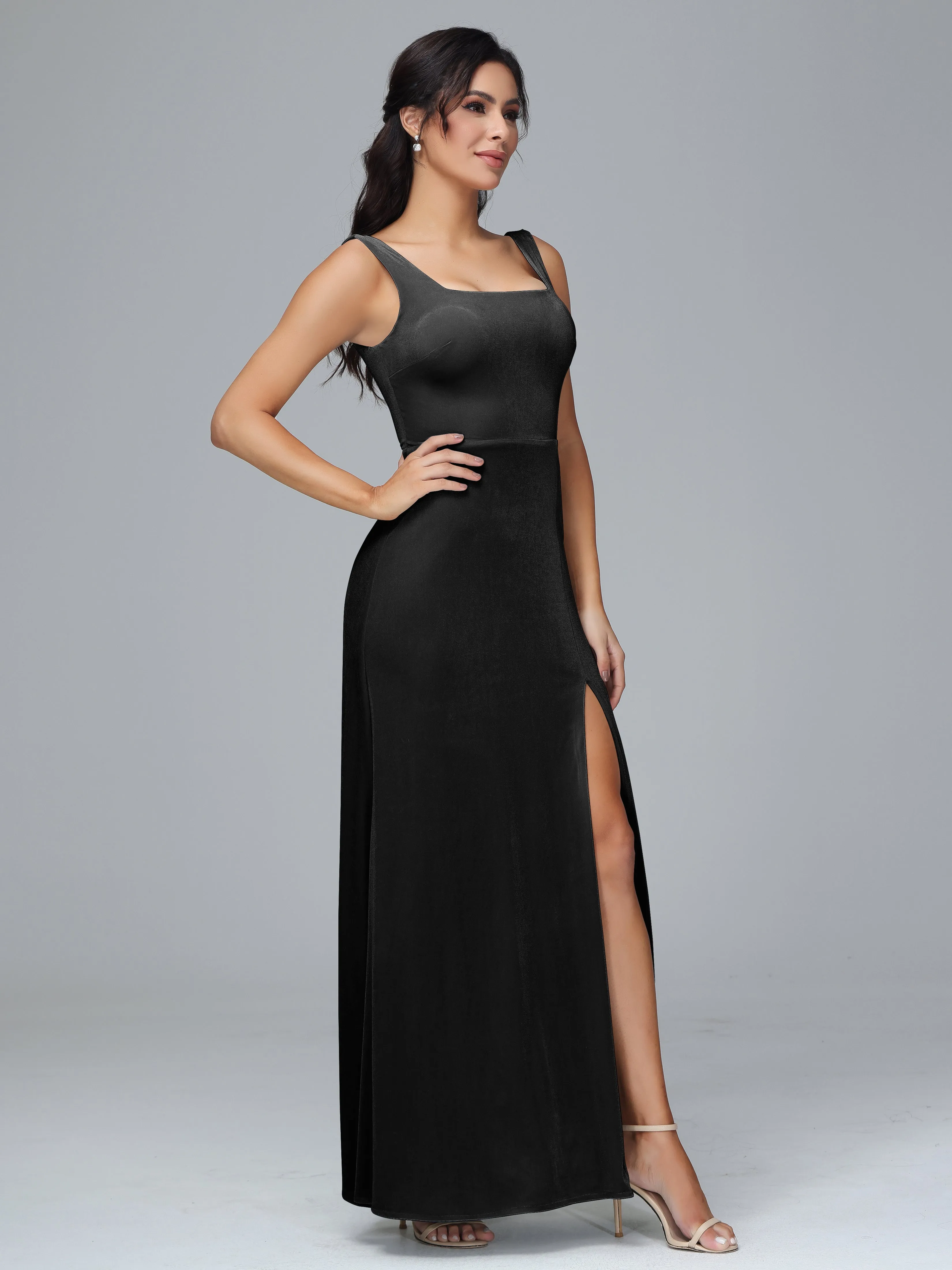 Scoop Straps Long Velvet Bridesmaid Dresses With Split