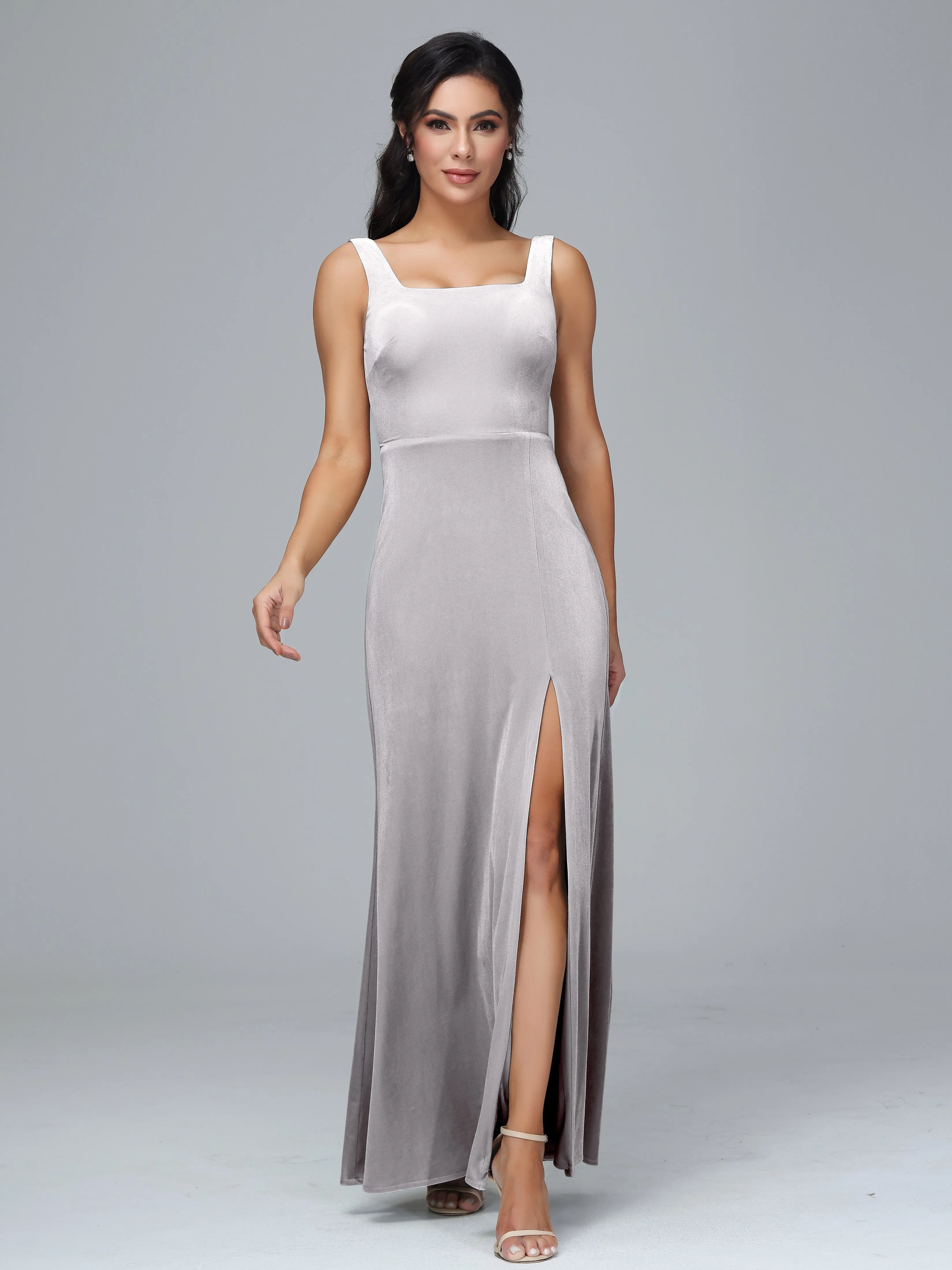 Scoop Straps Long Velvet Bridesmaid Dresses With Split