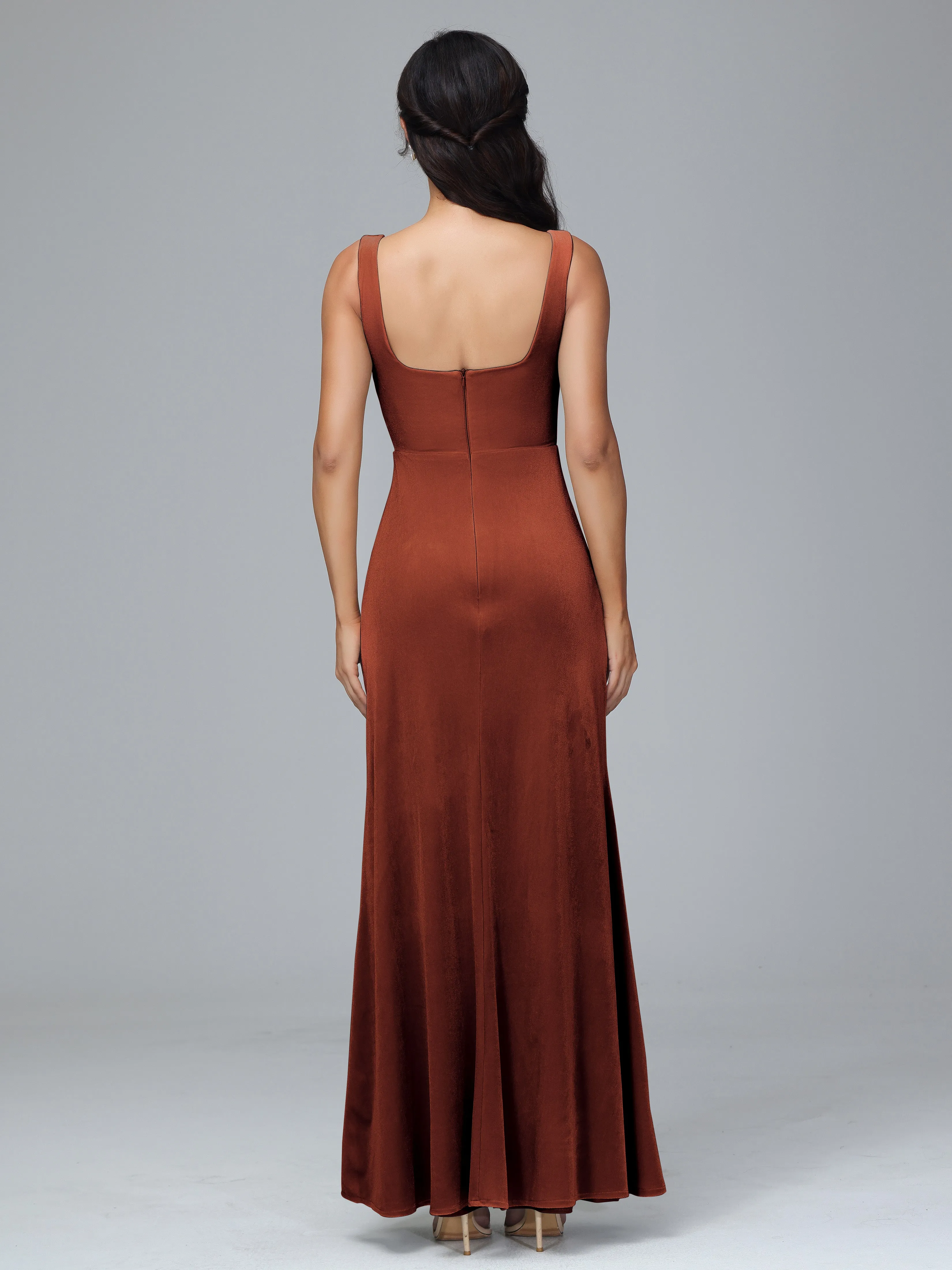 Scoop Straps Long Velvet Bridesmaid Dresses With Split
