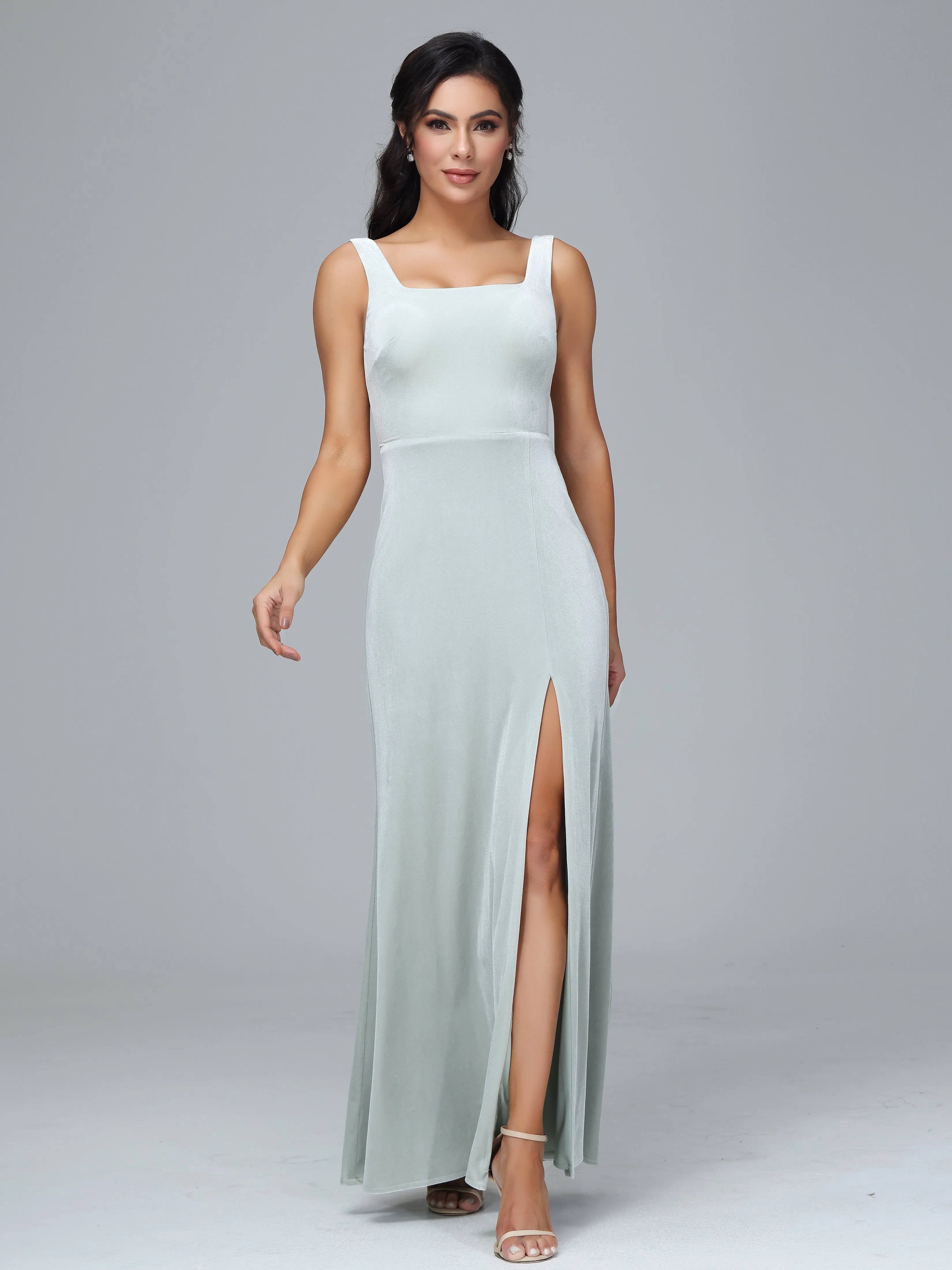 Scoop Straps Long Velvet Bridesmaid Dresses With Split