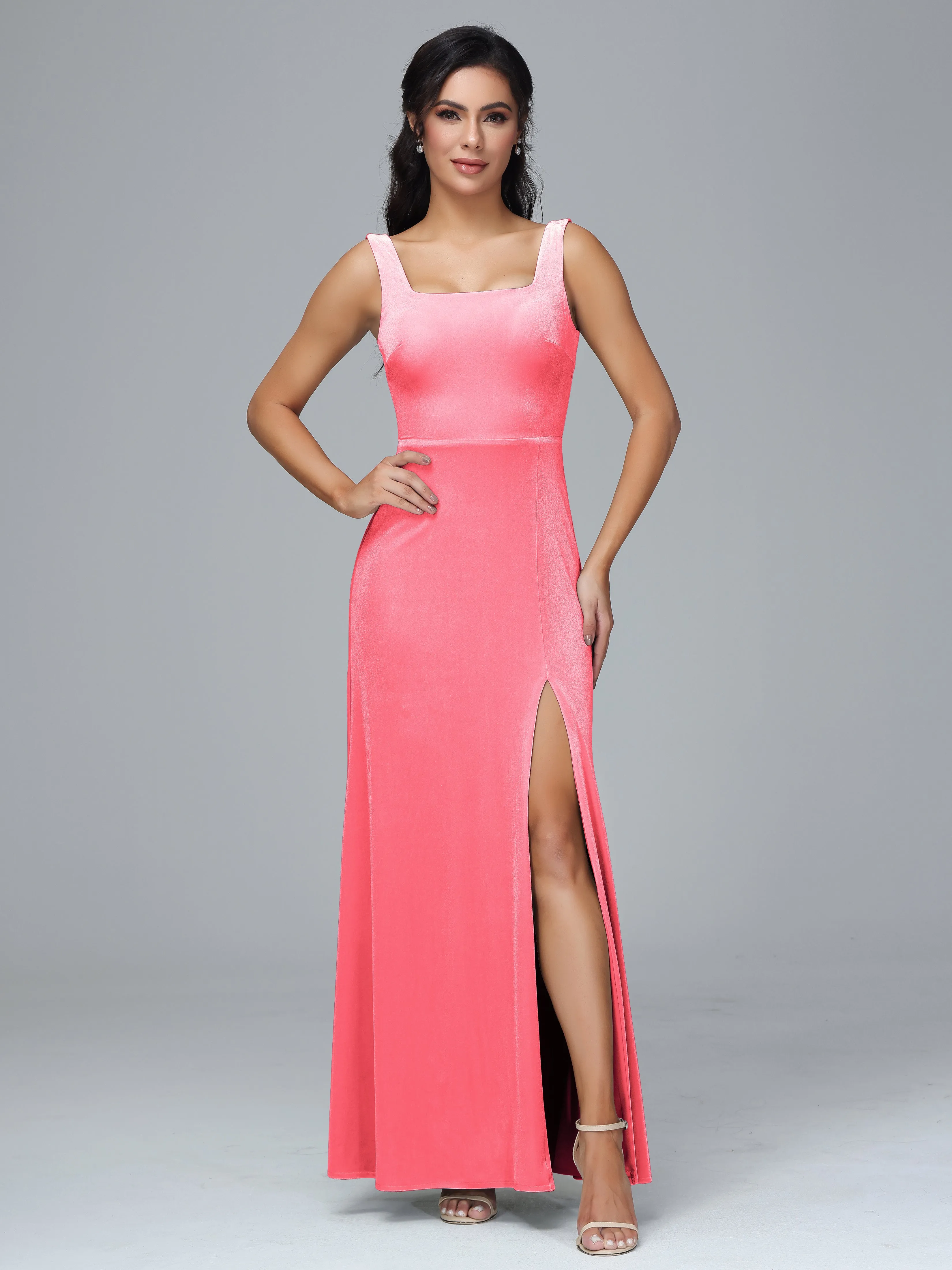Scoop Straps Long Velvet Bridesmaid Dresses With Split