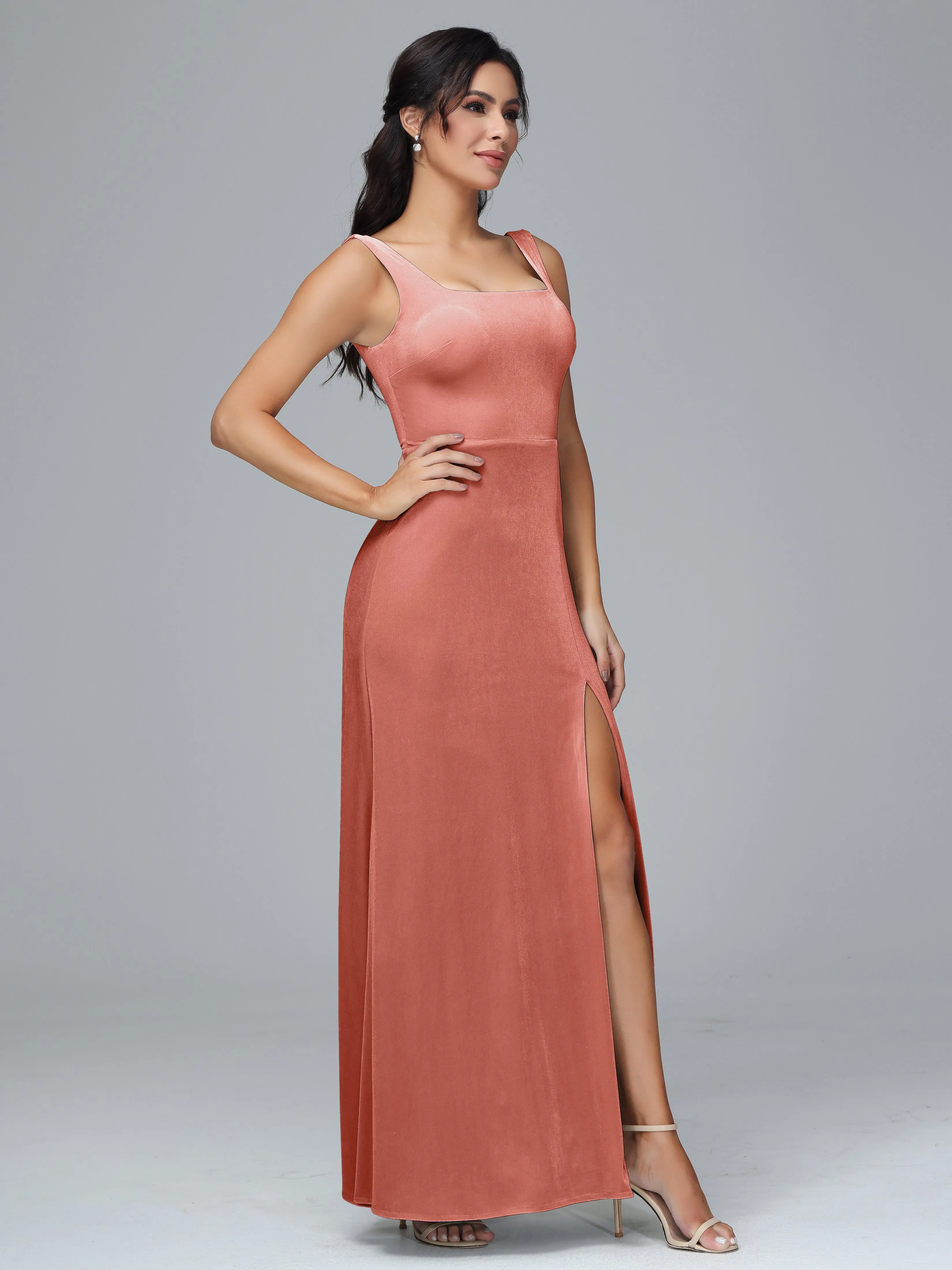 Scoop Straps Long Velvet Bridesmaid Dresses With Split