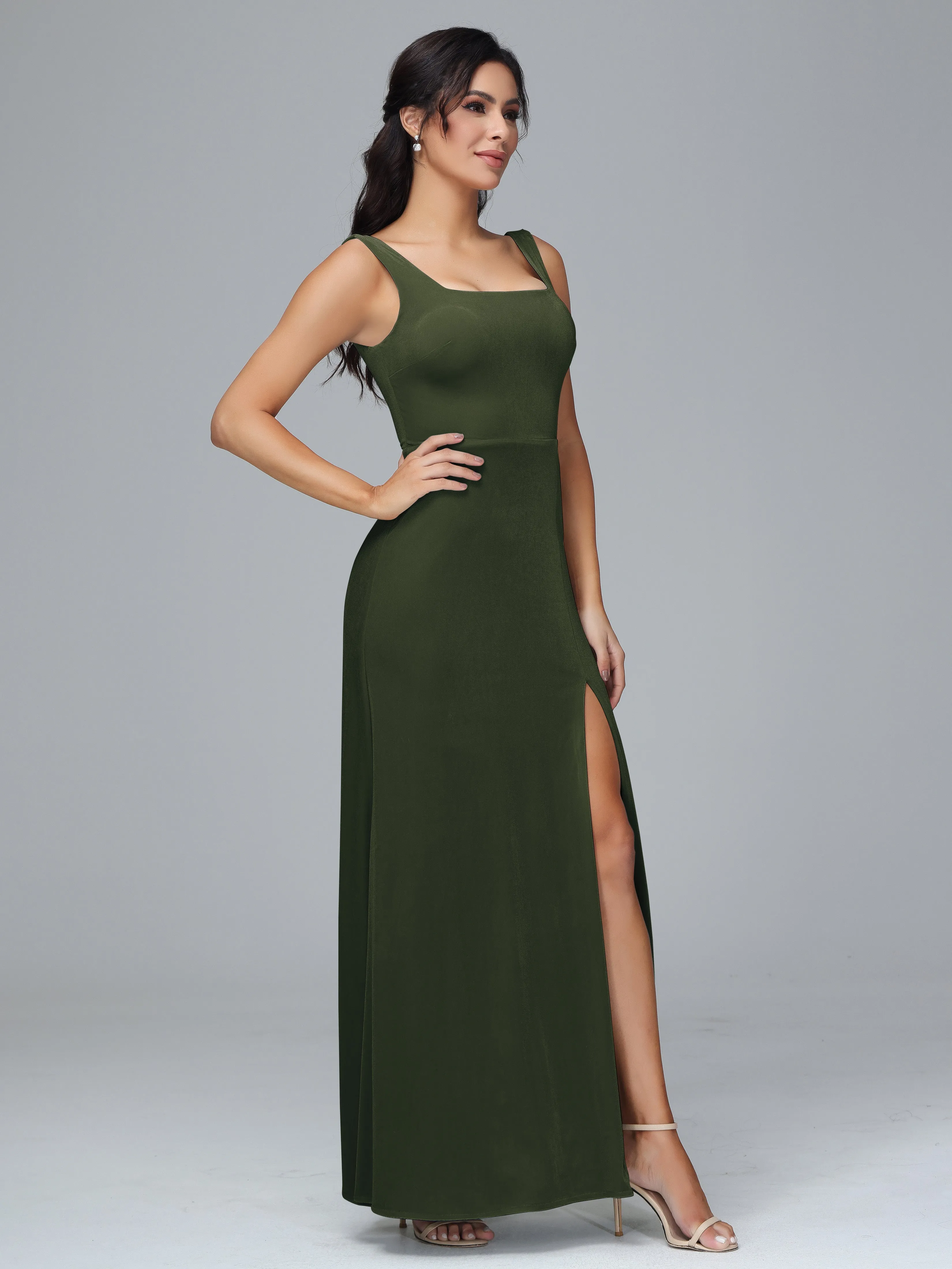 Scoop Straps Long Velvet Bridesmaid Dresses With Split