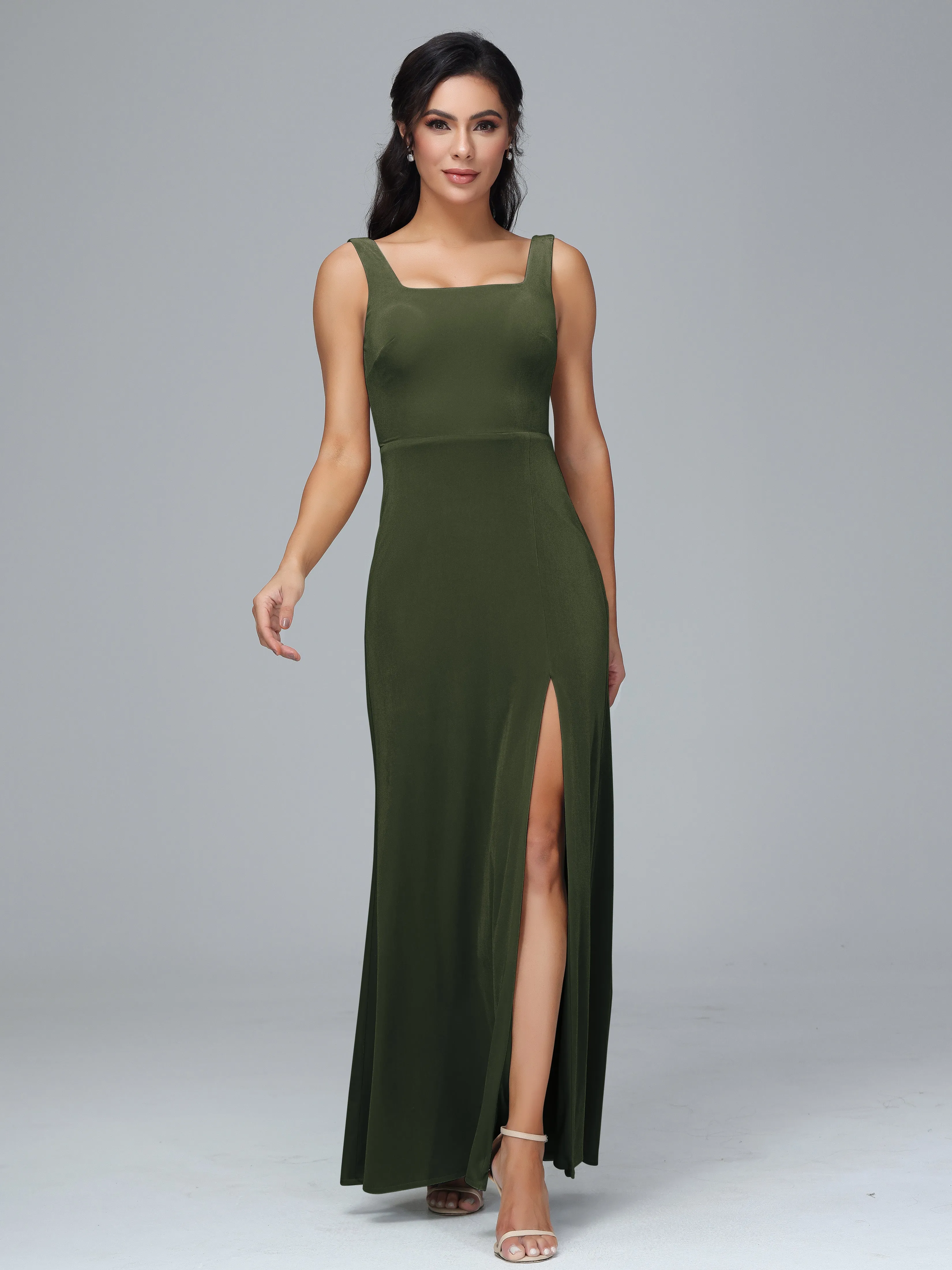 Scoop Straps Long Velvet Bridesmaid Dresses With Split
