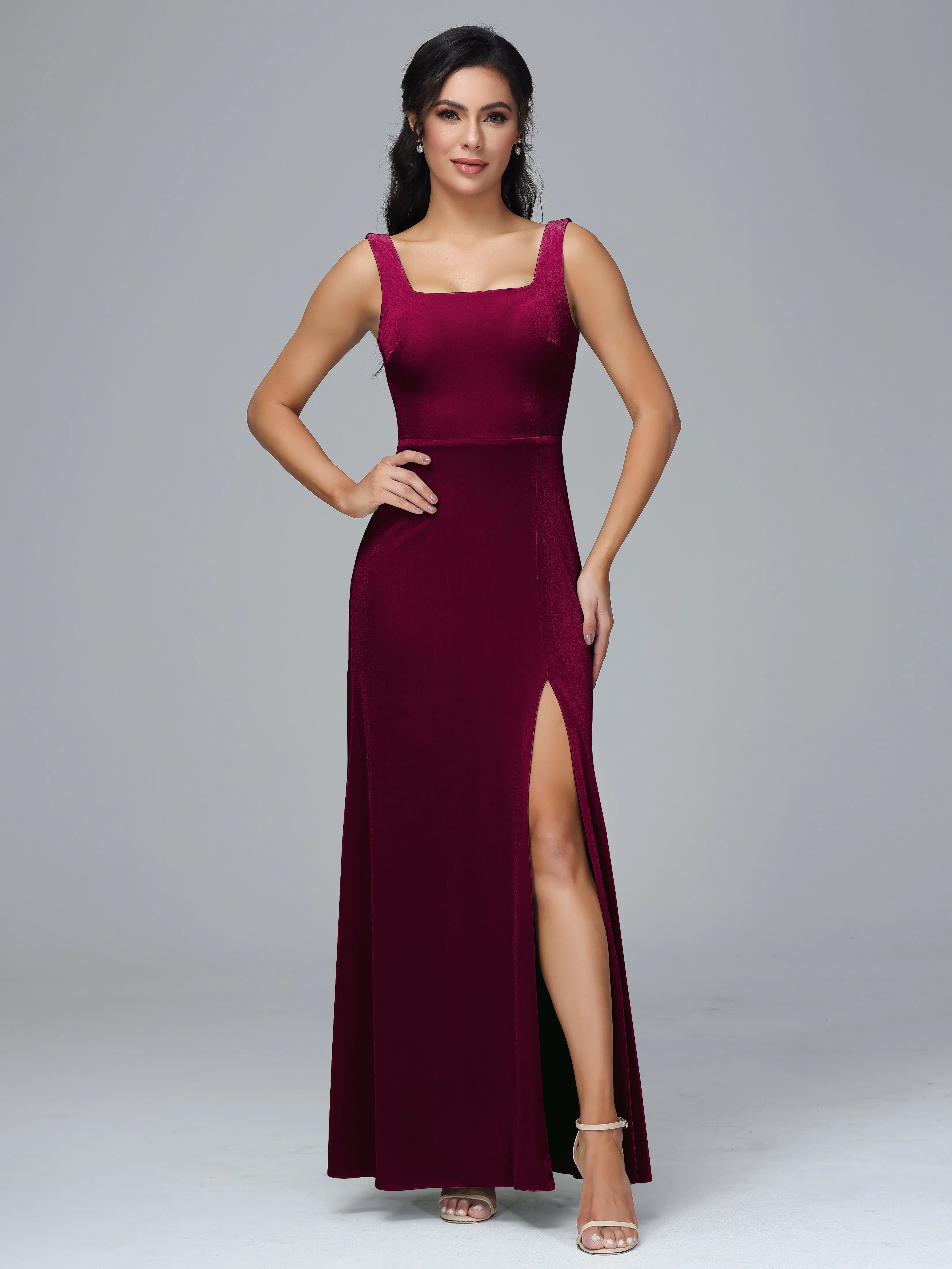 Scoop Straps Long Velvet Bridesmaid Dresses With Split