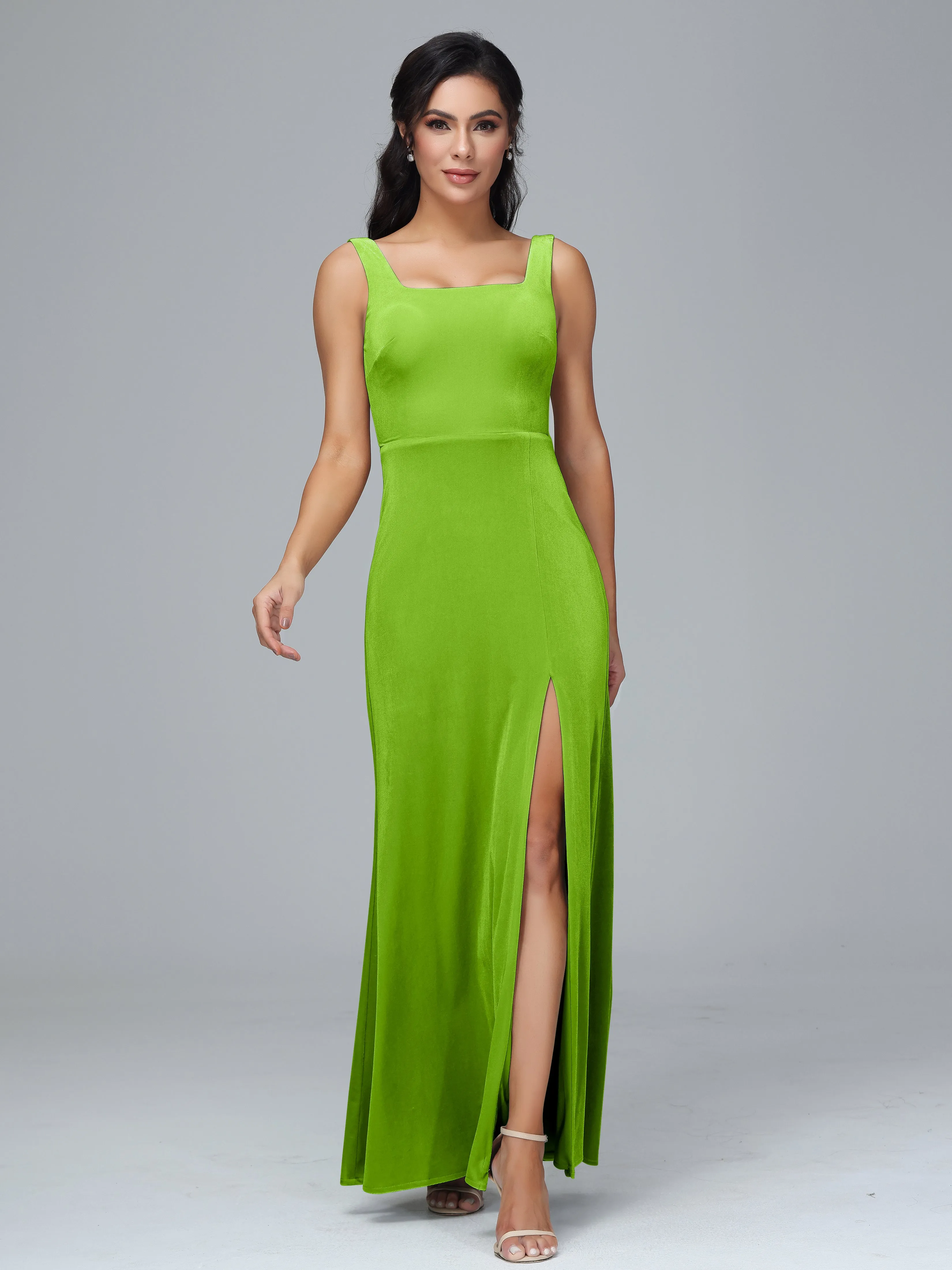 Scoop Straps Long Velvet Bridesmaid Dresses With Split