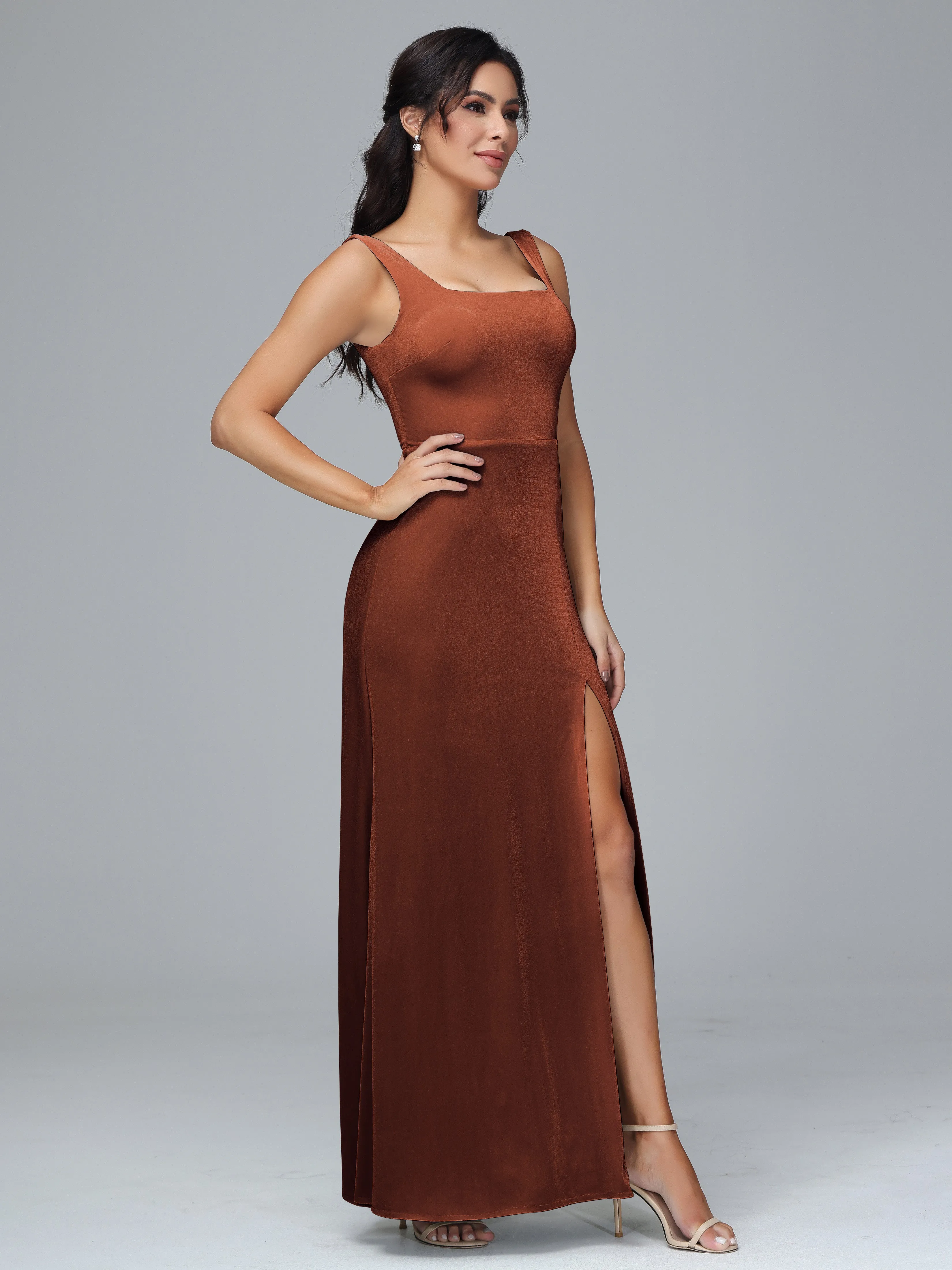Scoop Straps Long Velvet Bridesmaid Dresses With Split